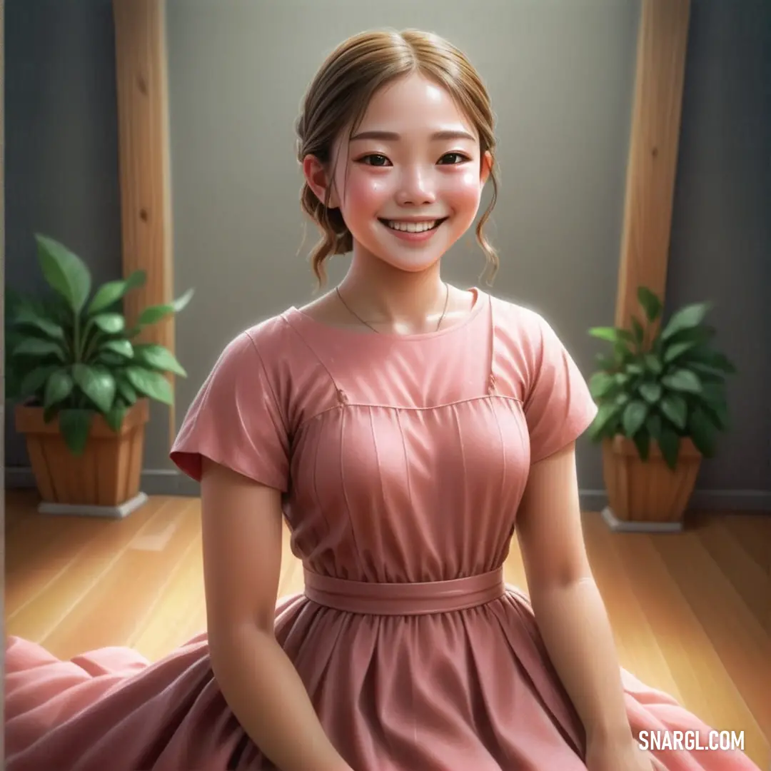 Digital painting of a girl in a pink dress on a floor with a potted plant in the background. Example of CMYK 0,33,25,20 color.
