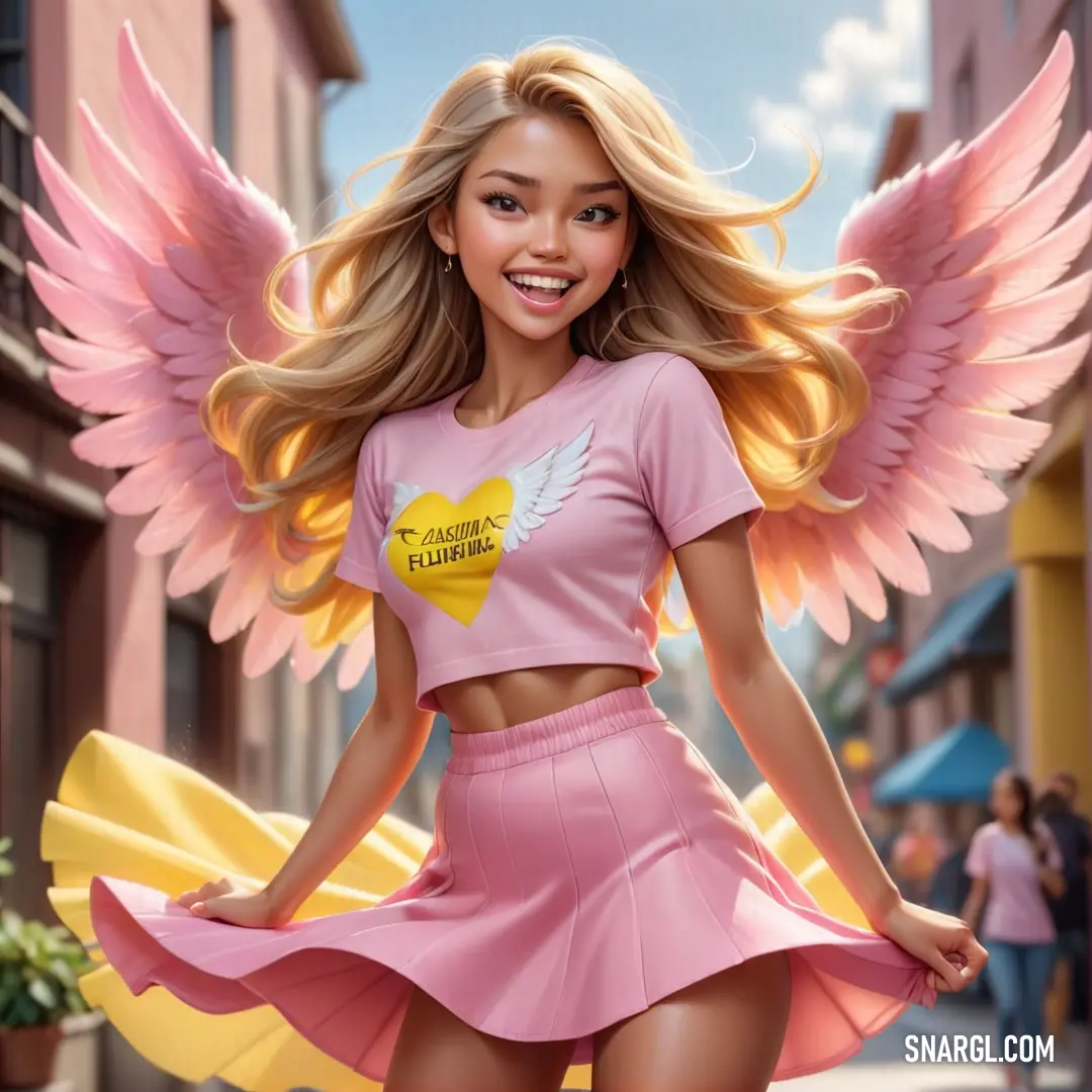 Girl in a pink outfit with wings on her head and a heart on her shirt and skirt on
