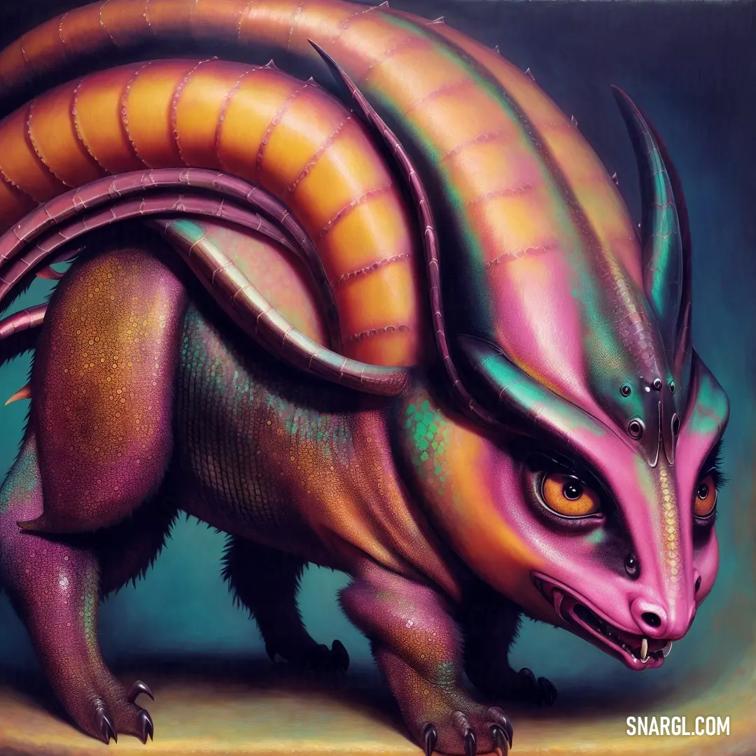 Painting of a dragon with orange eyes and a tail