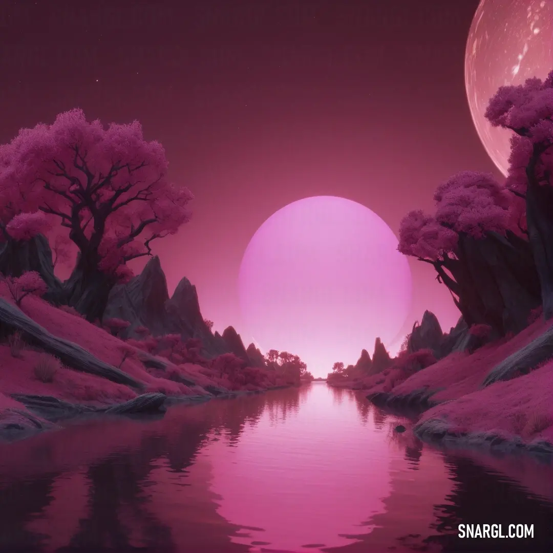 Pink sunset with a river and trees in the foreground and a pink moon in the background