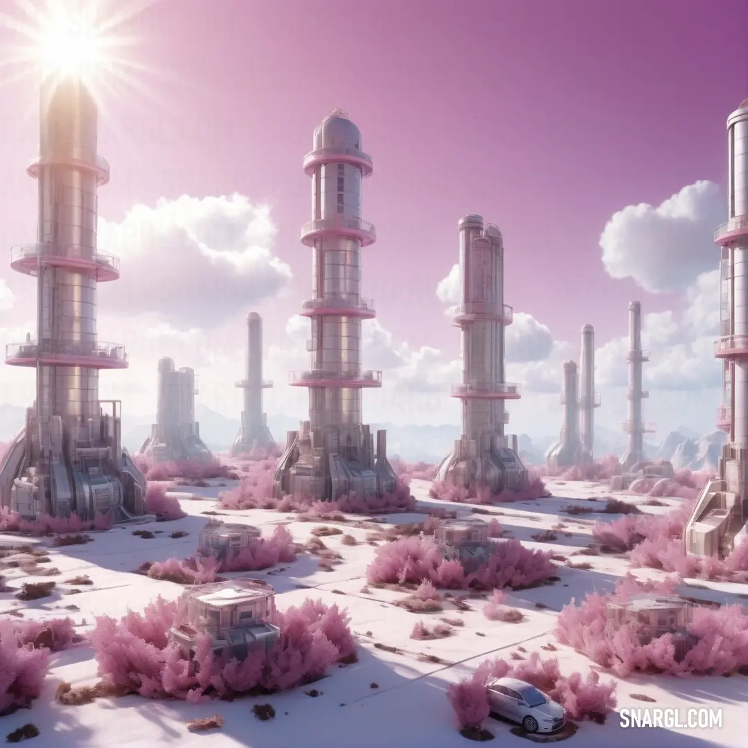 Futuristic city with pink smoke and a car in the foreground. Example of Puce color.