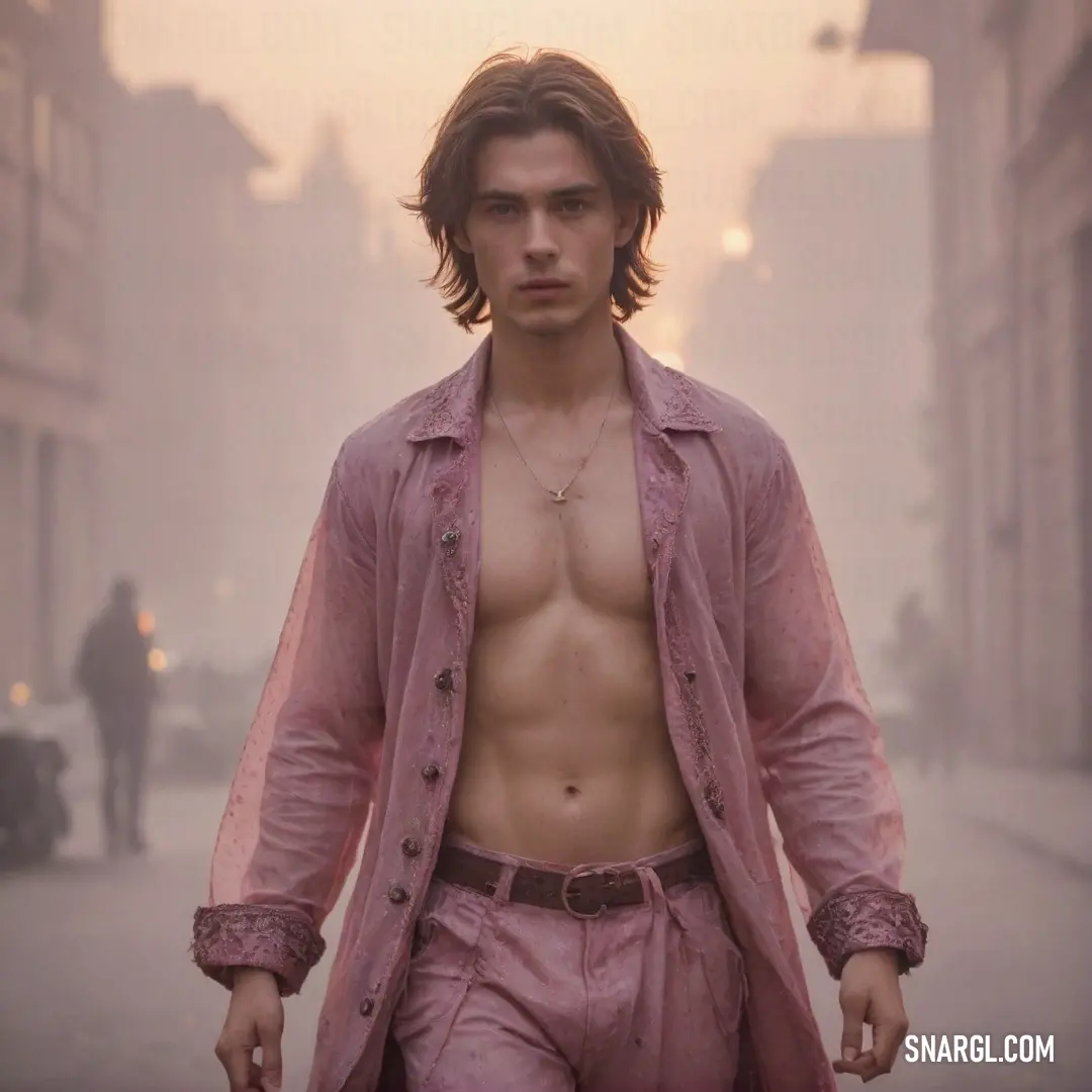 Man in pink pants walking down a street in the foggy day with a shirt on. Example of RGB 204,136,153 color.