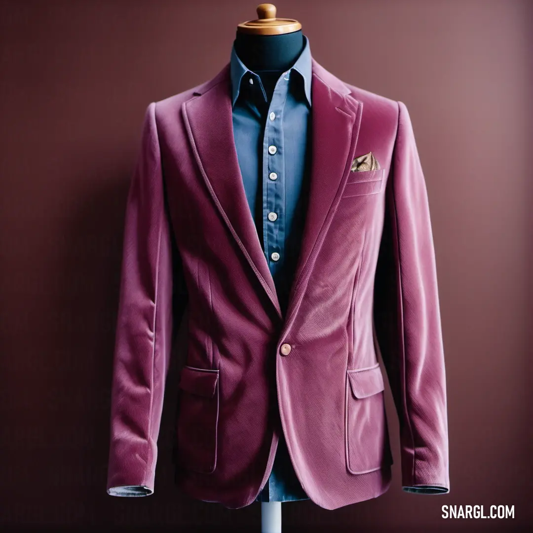 Puce color example: Purple suit on a mannequin stand with a blue shirt and a blue shirt on it and a purple jacket