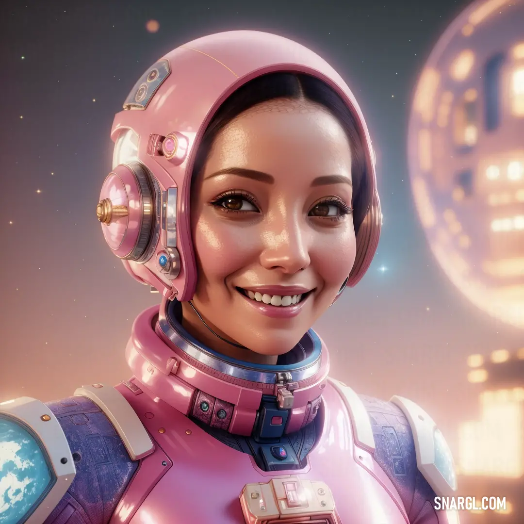 Woman in a pink space suit with a helmet on her head and a space station in the background. Example of Puce color.
