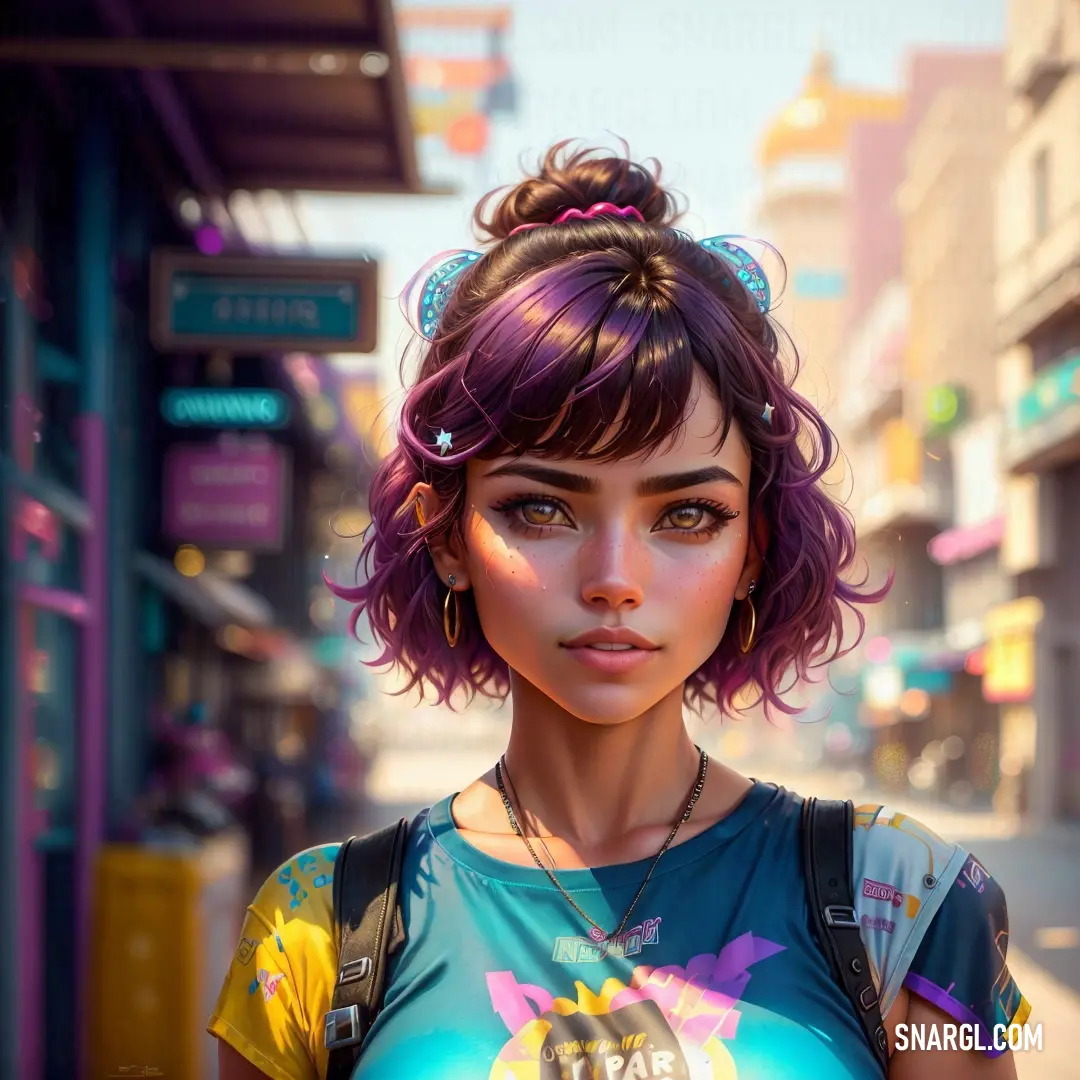 Woman with purple hair and a blue shirt on a city street with a neon sign in the background