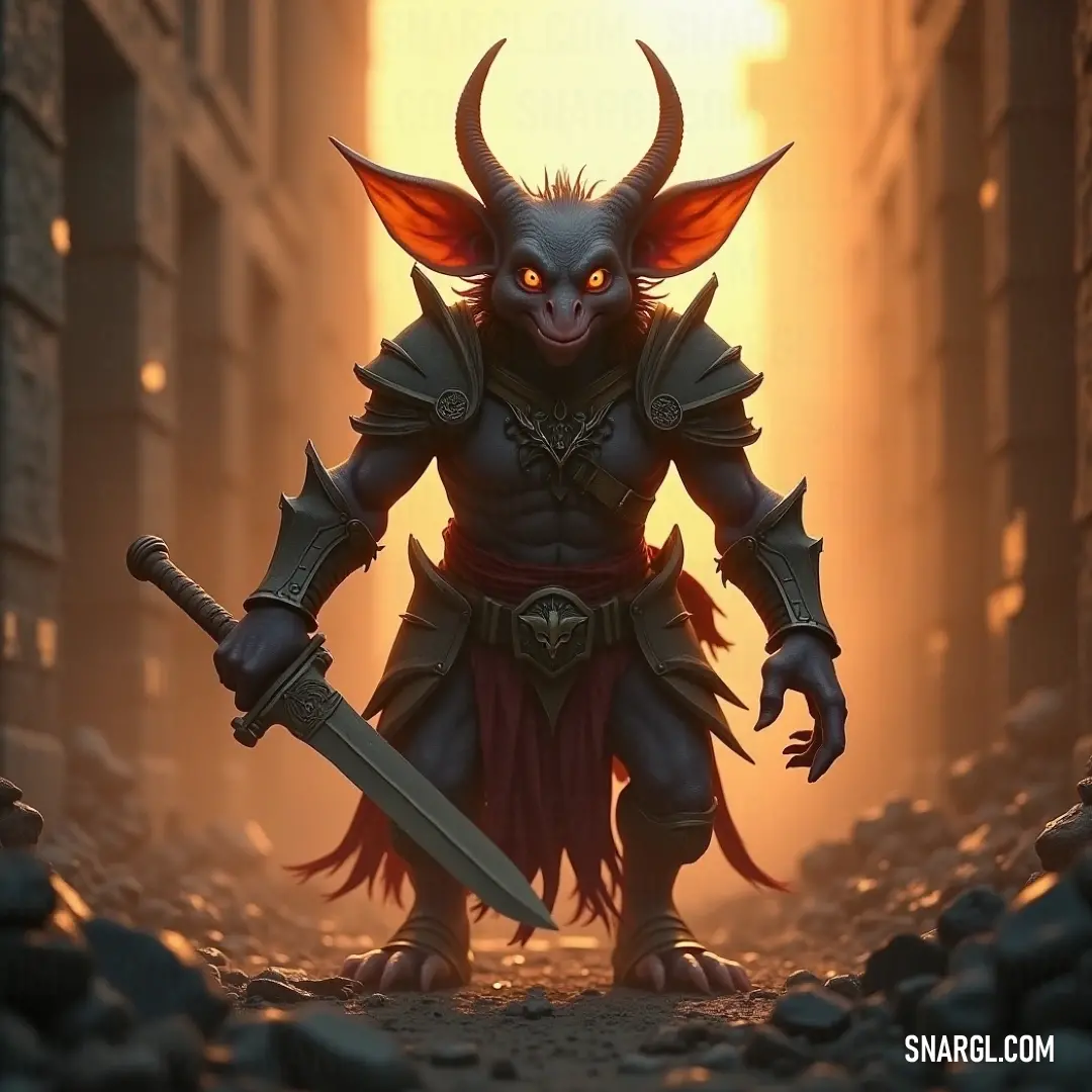 The terrifying yet captivating Puck wields his sword, standing amidst the backdrop of a breathtaking sunset, embodying both danger and allure. A striking demonic figure known as Puck brandishes a sword, standing defiantly in a city street at sunset, shadows playing across its fierce, monstrous features.