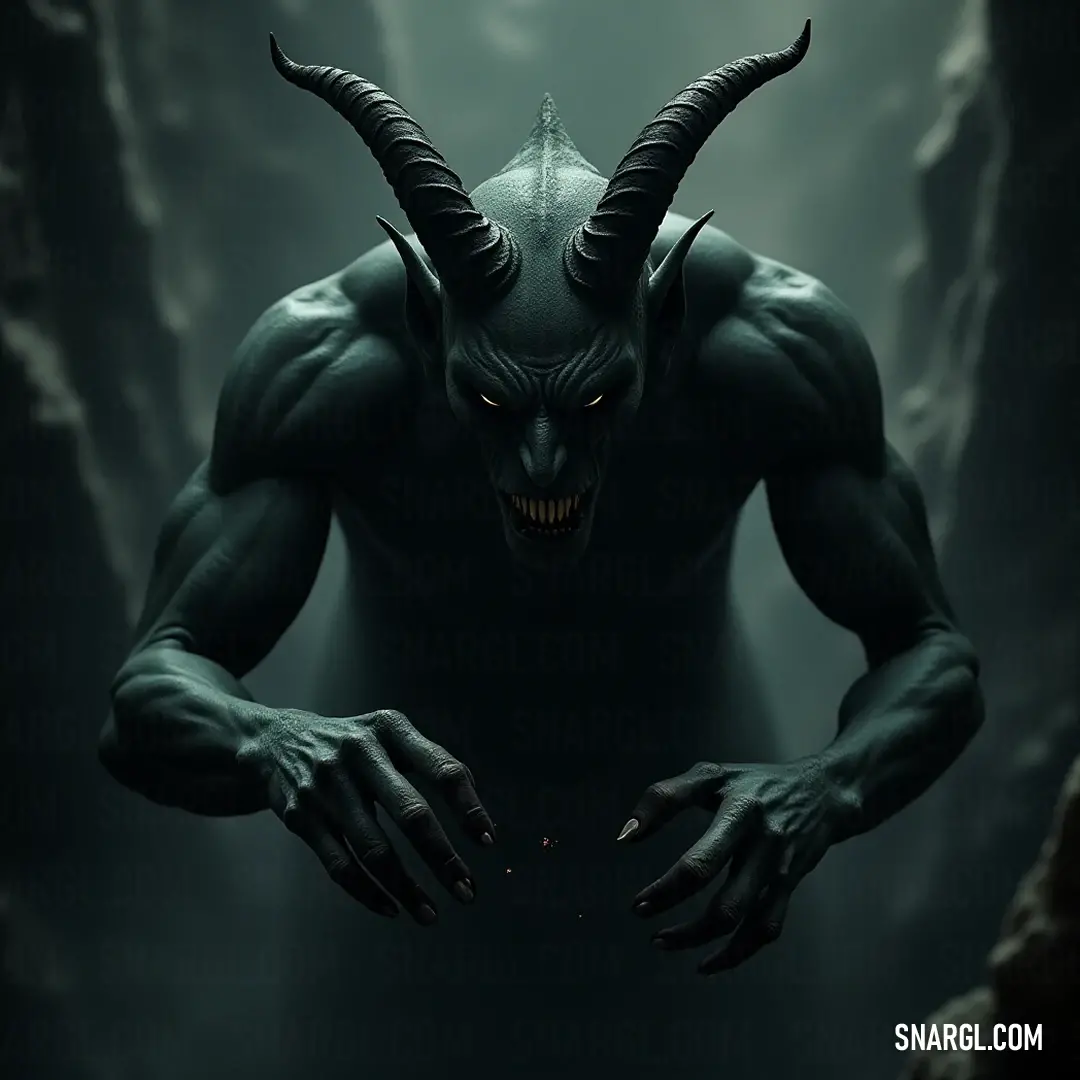 Intriguing Puck in a shadowy cave, illuminated by soft light, his horns and fangs adding to the mystique of the moment. In a shadowy cave, Puck with his horns and fangs stands illuminated by a soft light, which enhances the intrigue of his expression and highlights the mysterious textures of the stone around him.