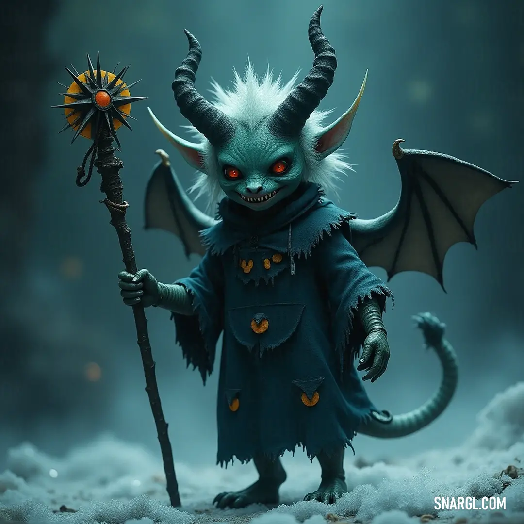 Majestic Puck the Imp with horned features, holding a mystical staff and a brilliant star. Puck the Imp is portrayed with a mesmerizing horned head, brandishing a staff adorned with intricate designs. In one hand, he holds a shimmering star, a representation of his connection to the realm of magic and wonder.
