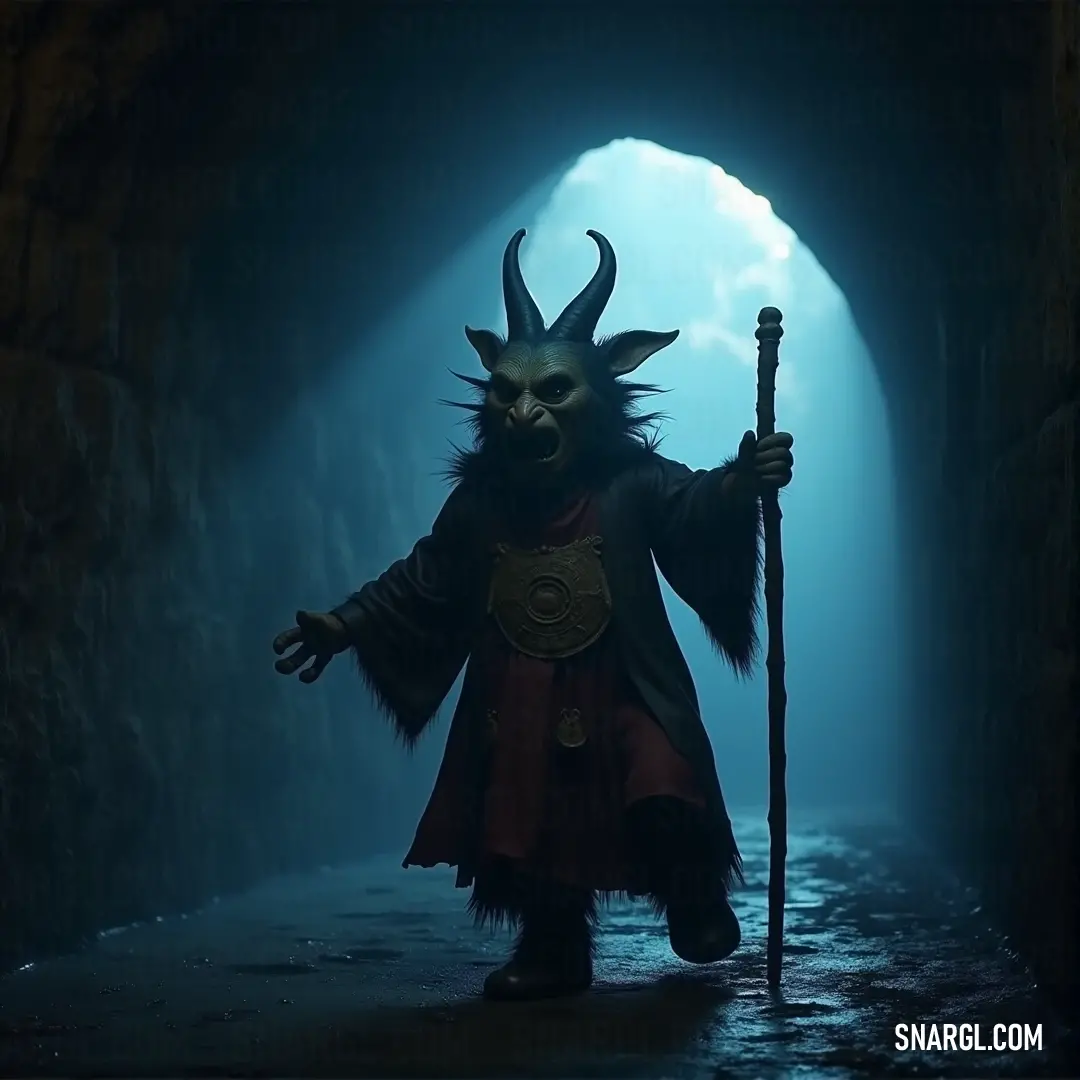A horned sorcerer, holding a staff, stands motionless in the cave's shadows, with light illuminating his mystic presence. A horned figure, known as Puckered Tom, grips a staff as he stands in a shadowy cave, the light catching his face in dramatic fashion. The surrounding darkness suggests a world full of magic and ancient power.