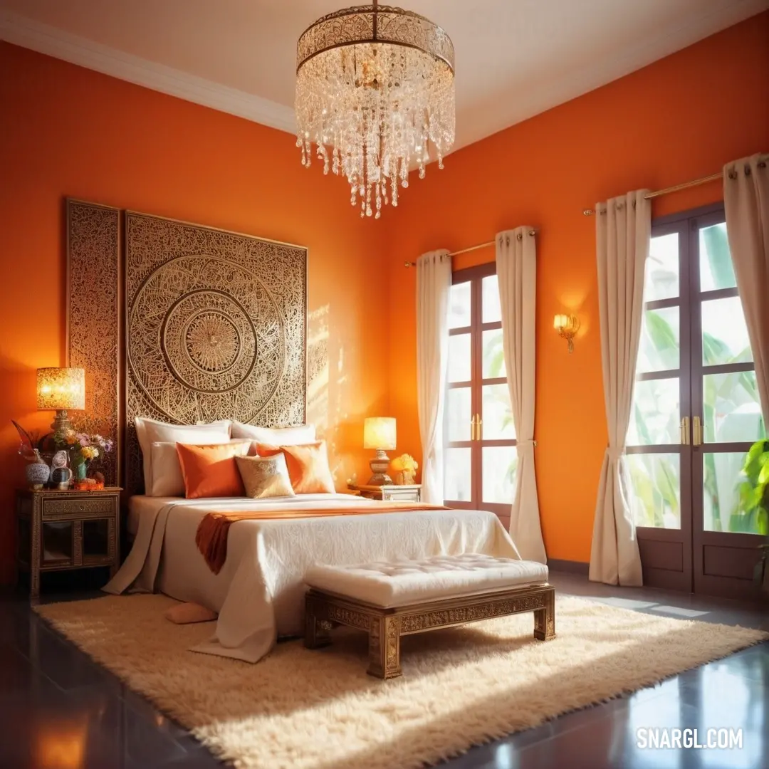 Bedroom with a chandelier and a bed in it with a white blanket on top of it. Color Pumpkin.