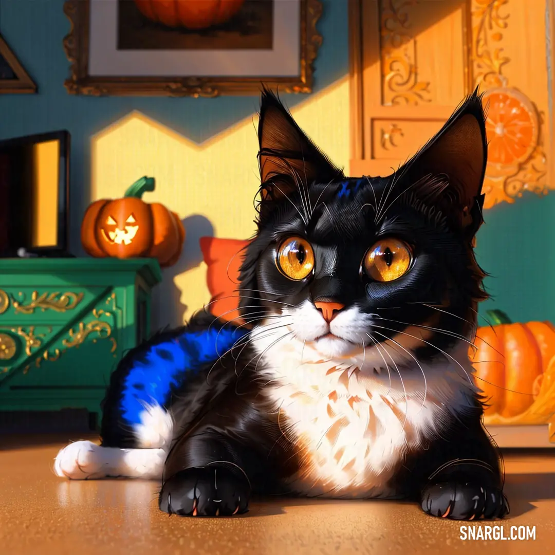 Black and white cat on a table next to a green cabinet and a pumpkin on the wall