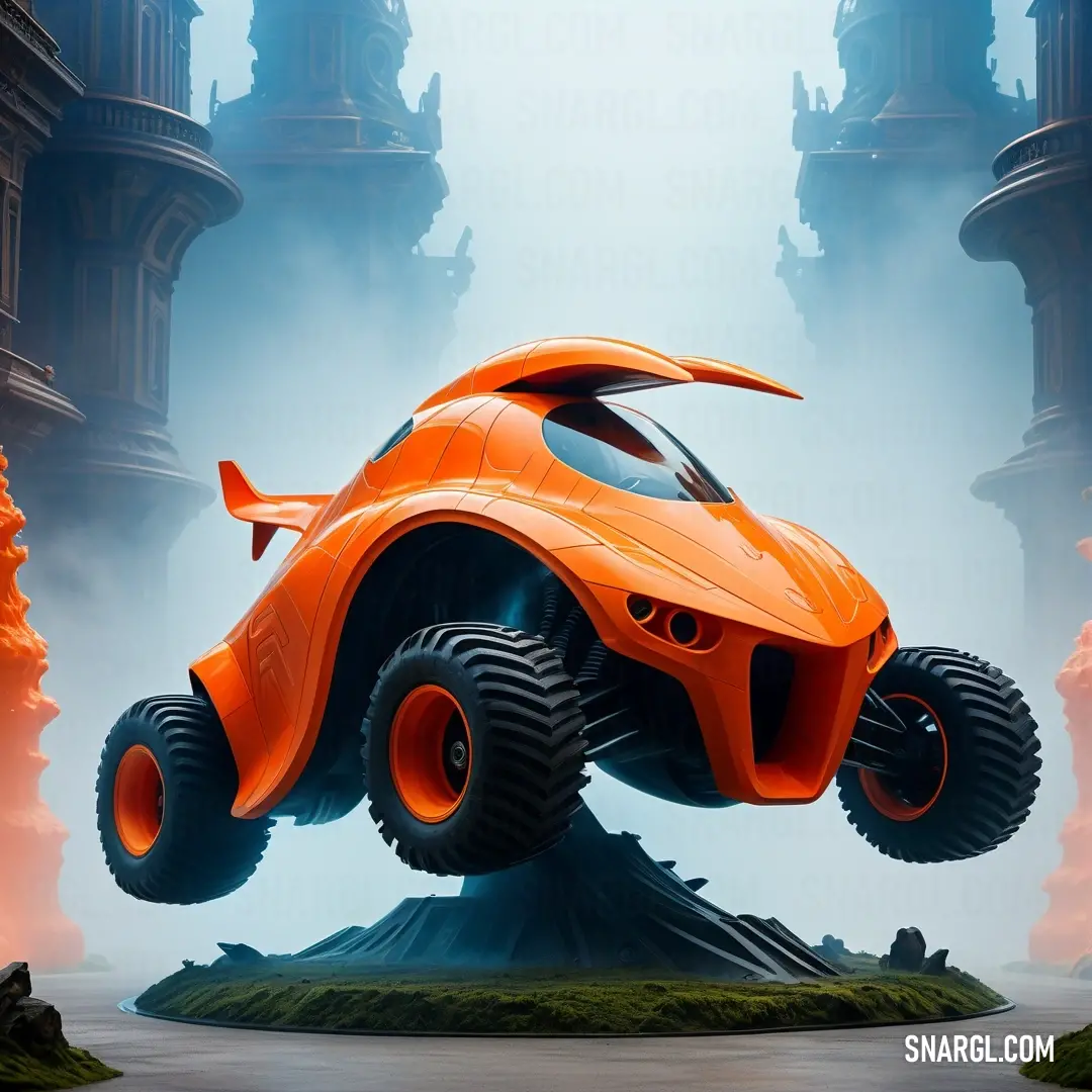 Car is flying over a hill in a futuristic environment with a sky background. Color CMYK 0,54,91,0.