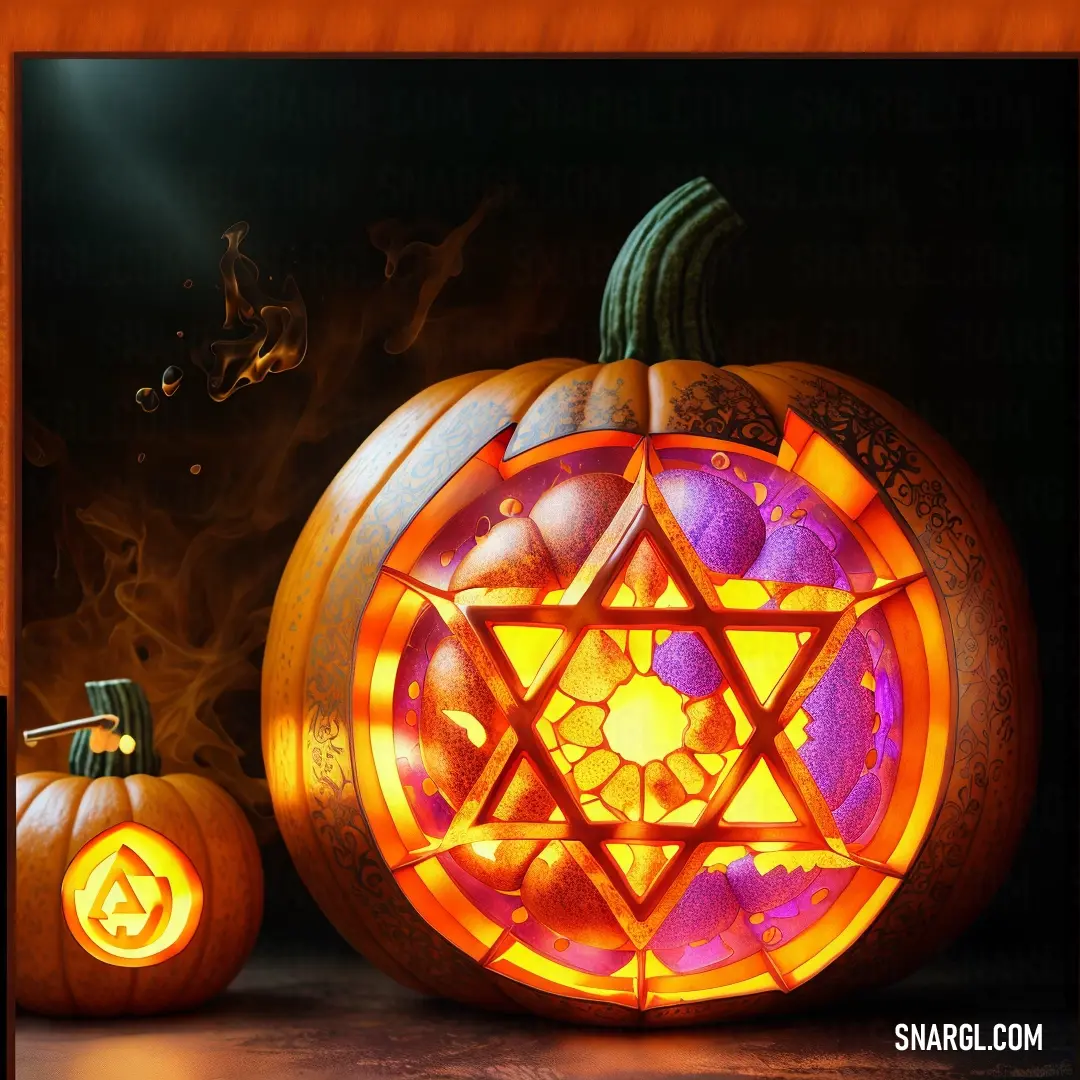 Carved pumpkin with a star of david on it and a lit candle in the middle of it