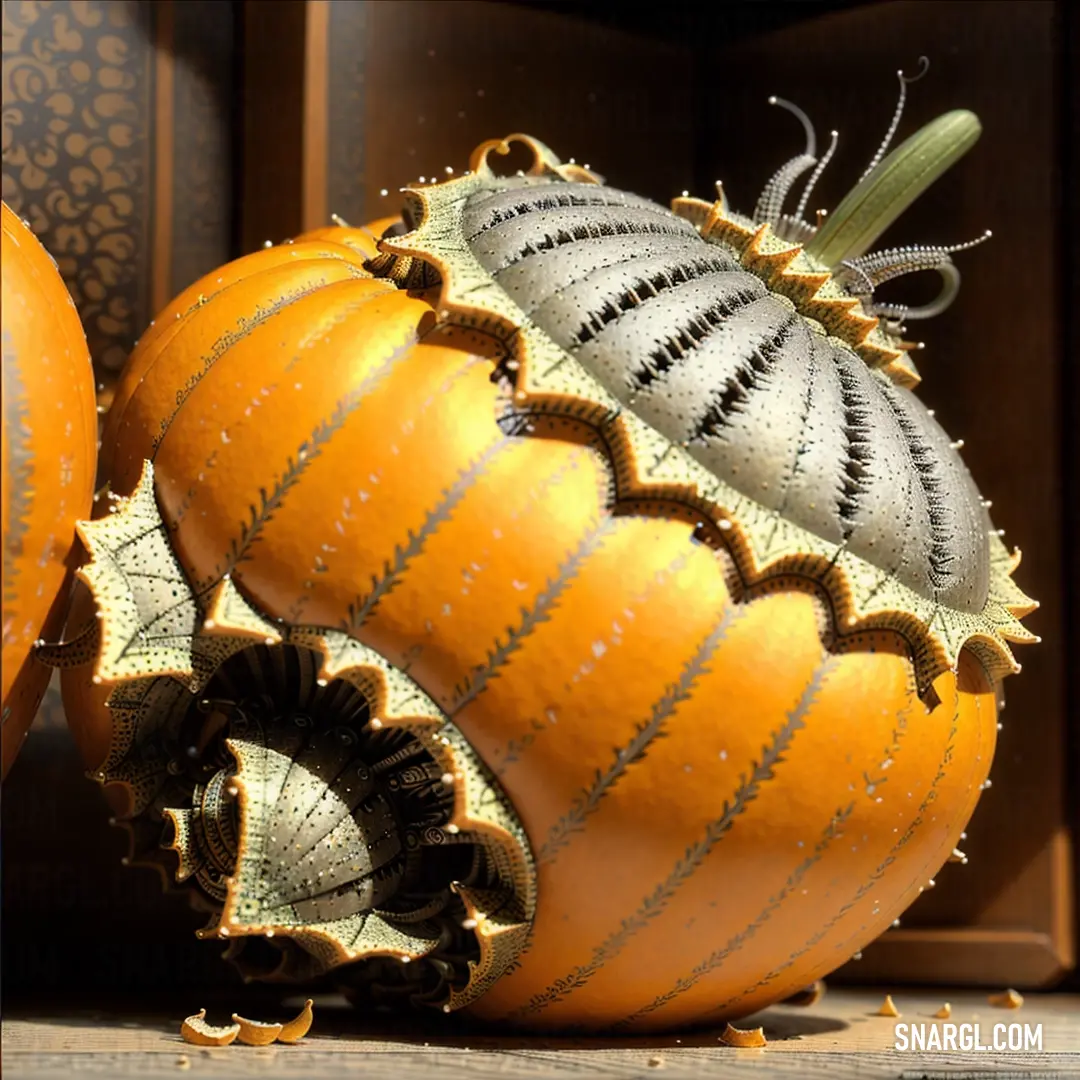 Close up of a pumpkin with a decorative decoration on it's side