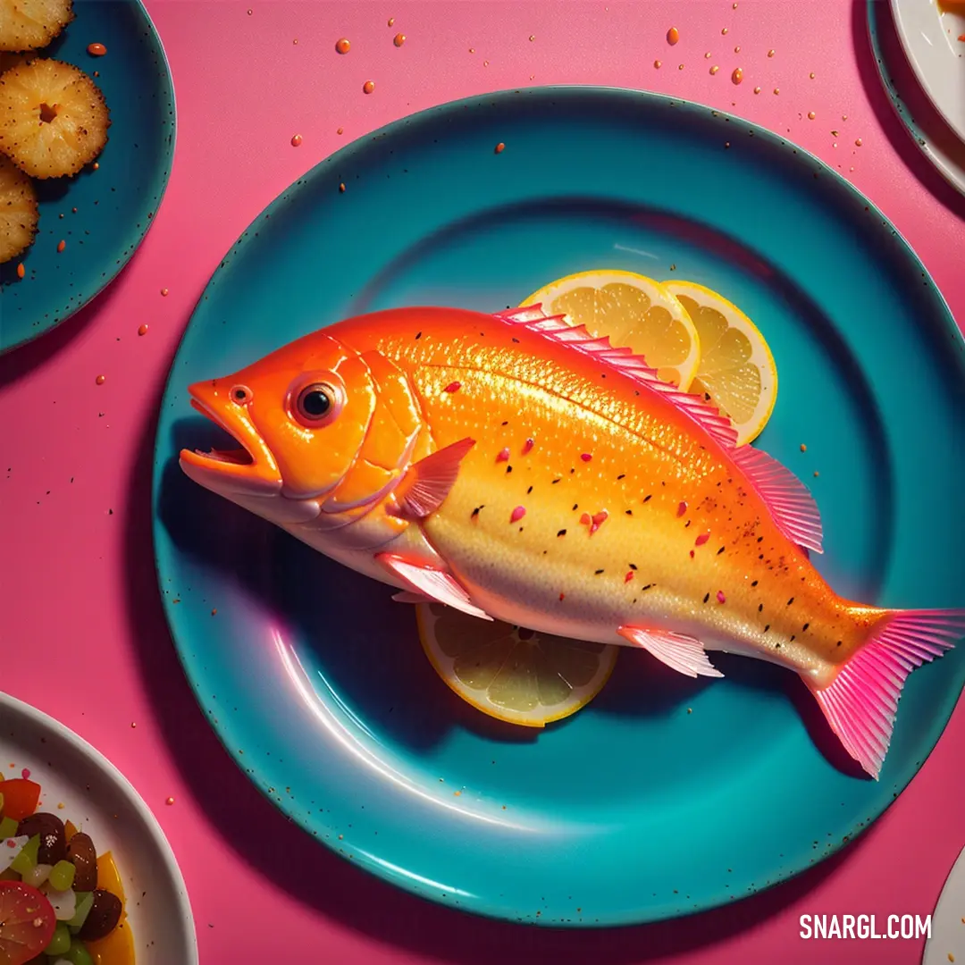 Fish is on a plate with lemon slices and other food items around it on a pink table. Example of CMYK 0,54,91,0 color.