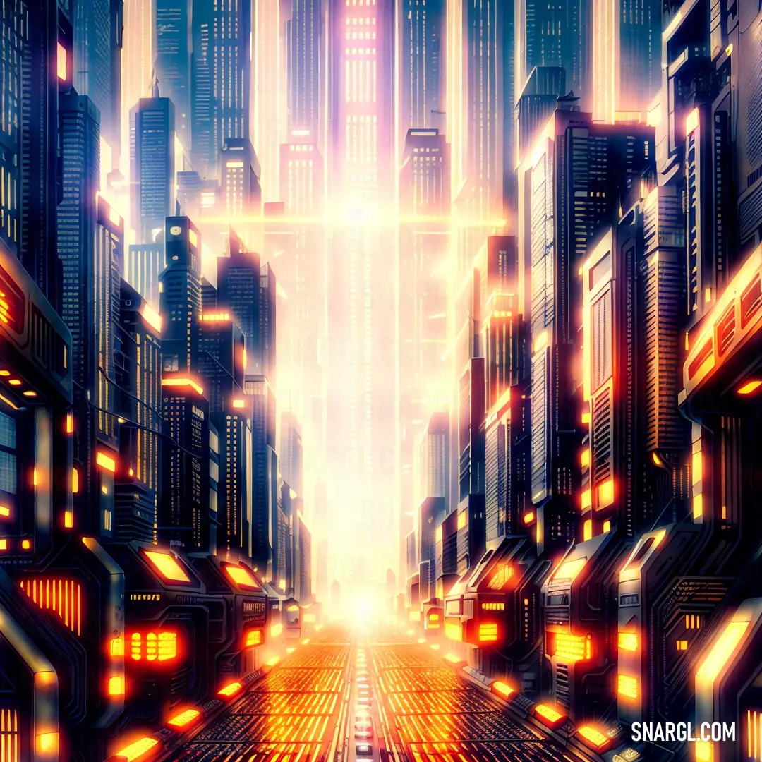 Futuristic city with a bright light coming from the center of the city