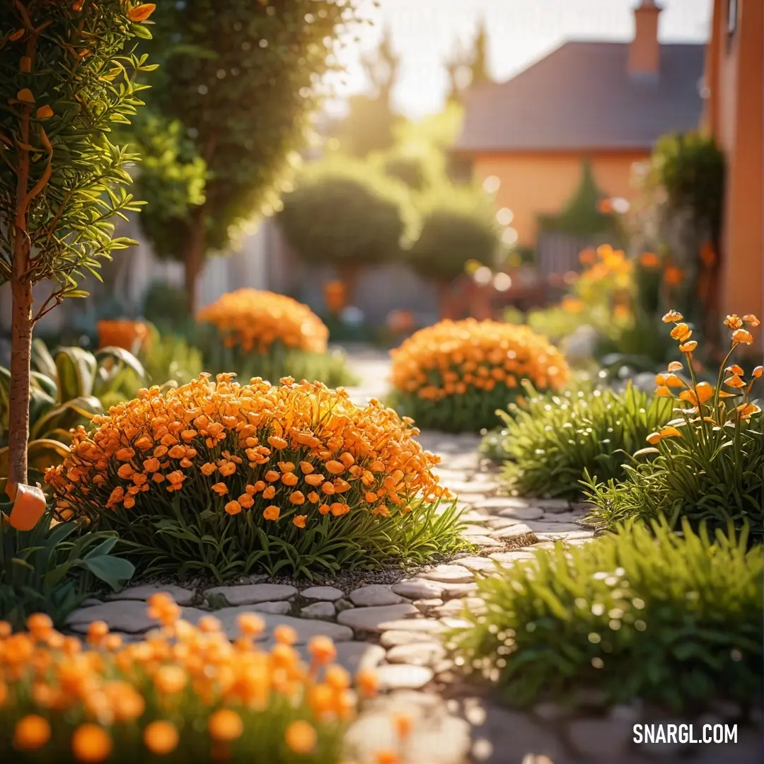 Garden with orange flowers and green plants on the side of the road and a house in the background. Example of CMYK 0,54,91,0 color.