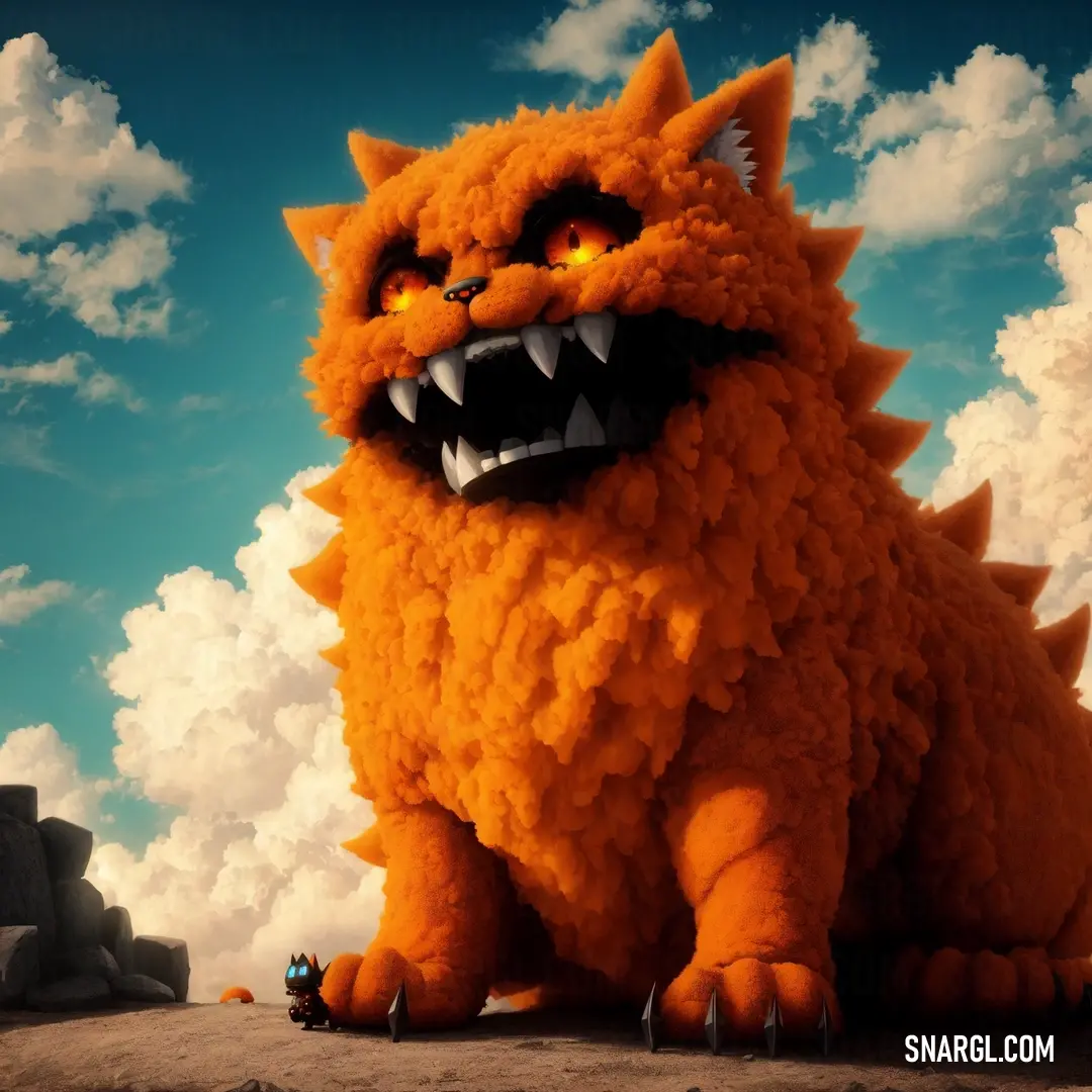 Giant orange monster with big teeth and big teeth on it's face on a rock in front of a cloudy sky