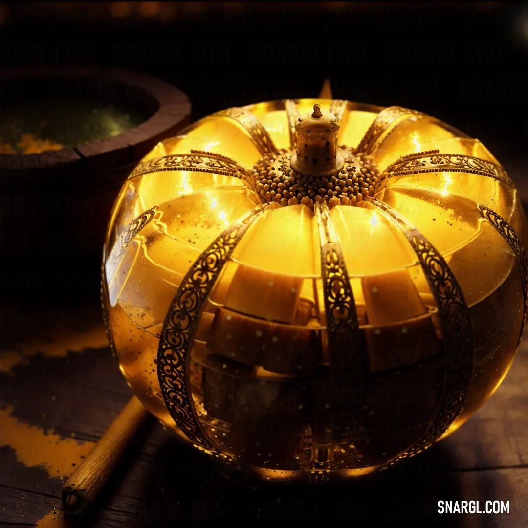Golden pumpkin on top of a wooden table next to a bowl of fruit