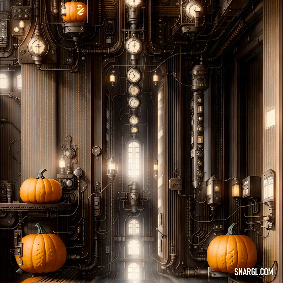 Hallway with a lot of pumpkins on the floor and lights on the ceiling and a clock on the wall