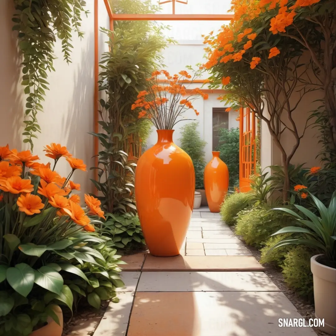 Hallway with orange vases and flowers in it and a walkway leading to a building with a door. Color CMYK 0,54,91,0.