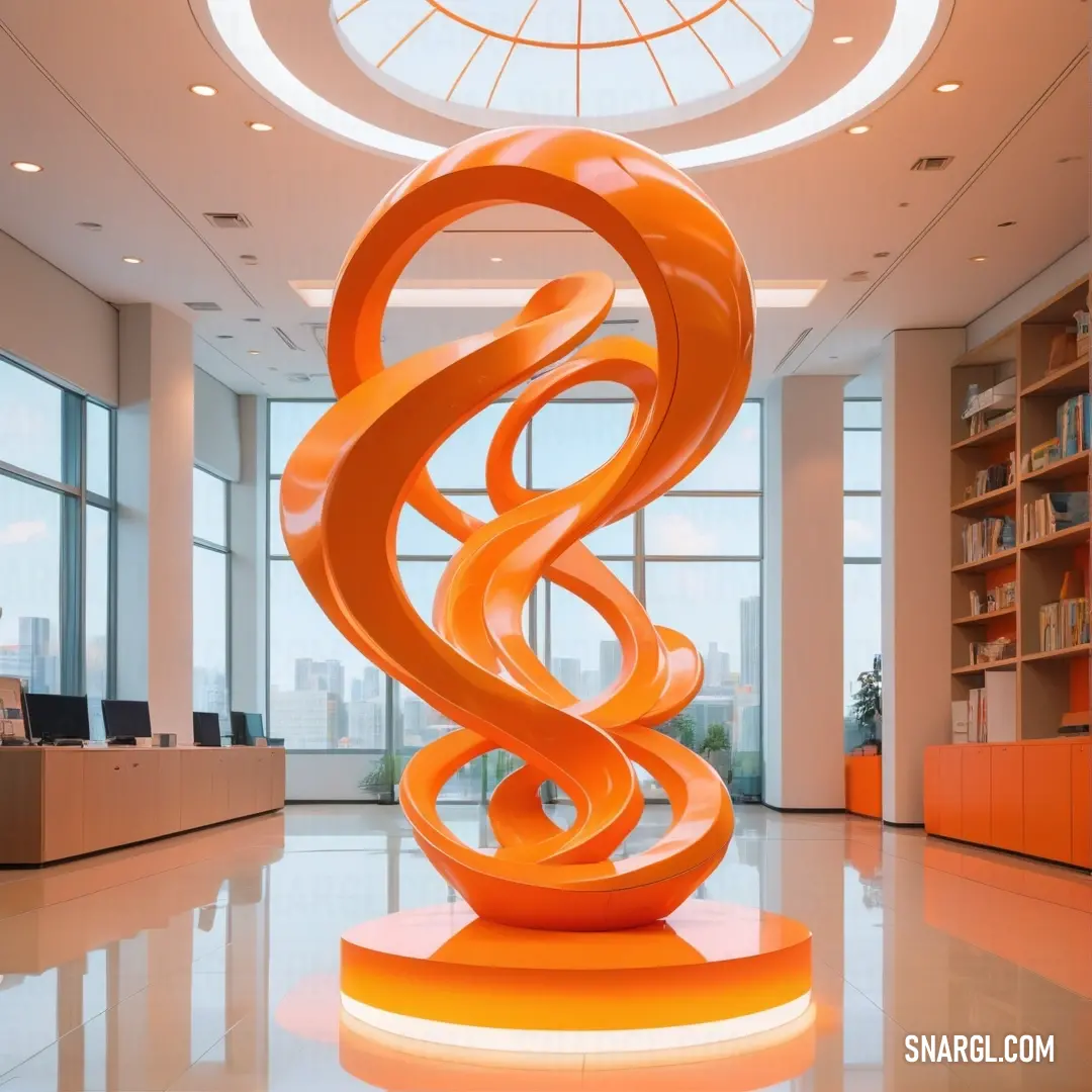 Large orange sculpture in a large room with a skylight above it and a bookcase in the background. Color RGB 255,117,24.