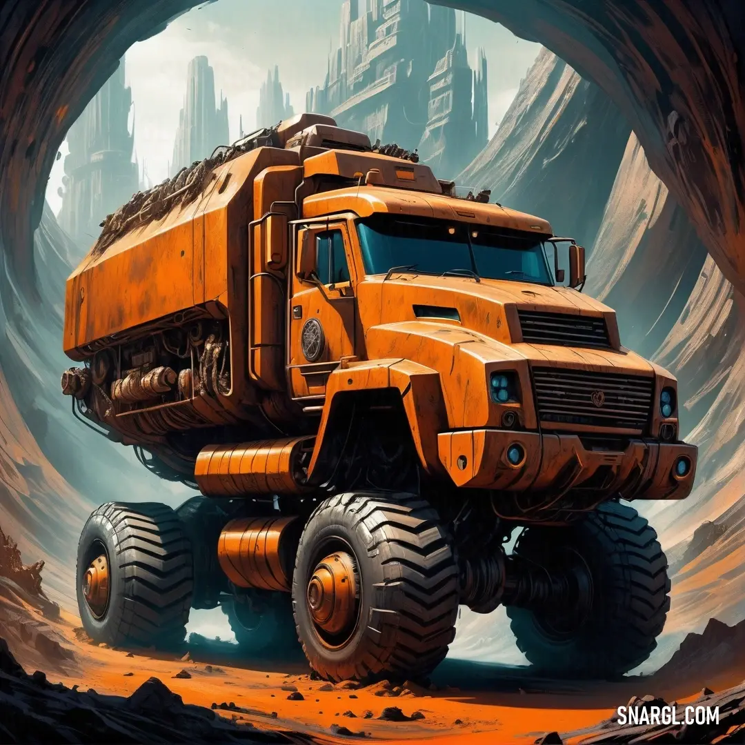 Large orange truck driving through a tunnel in a desert area with a mountain in the background. Example of CMYK 0,54,91,0 color.