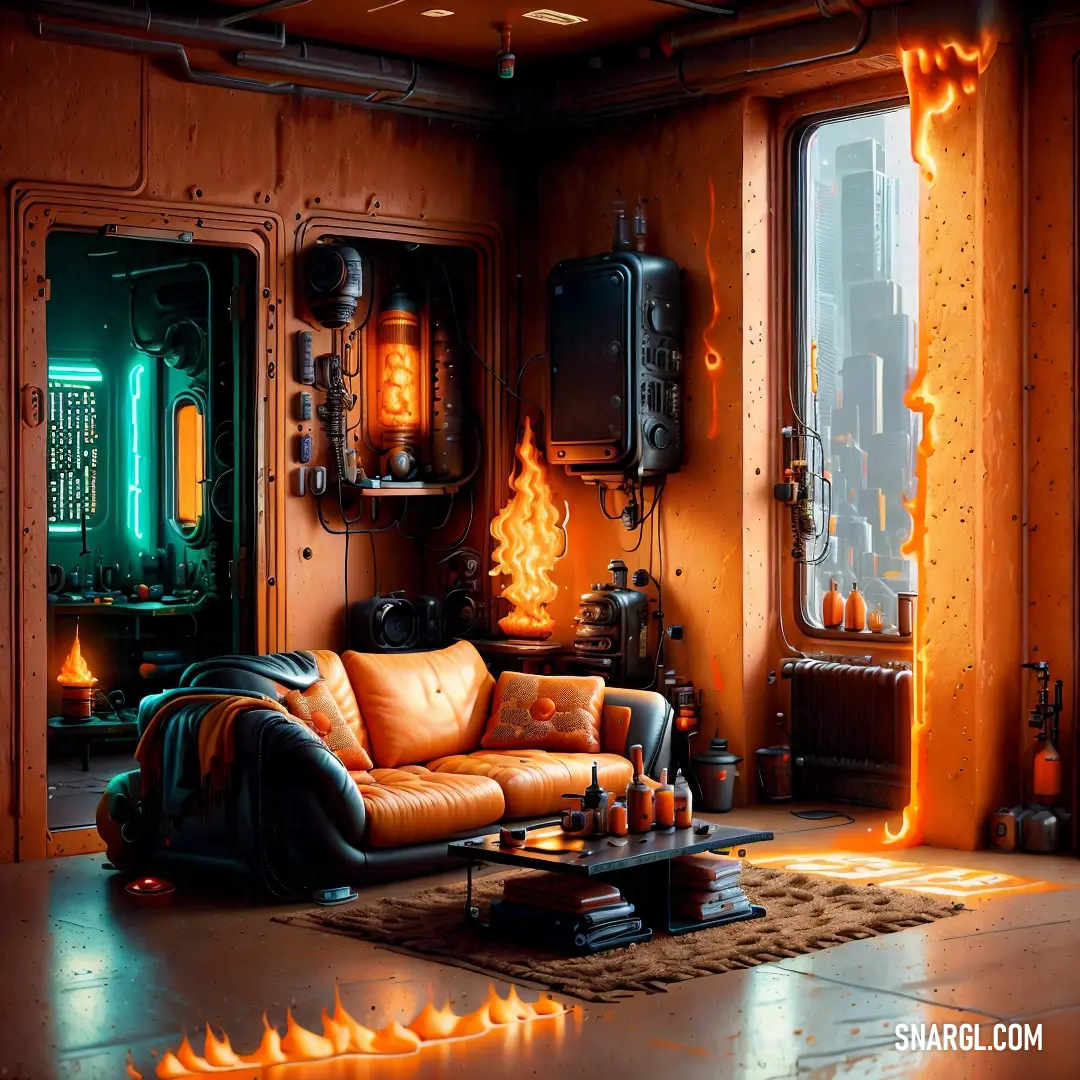 Living room with a couch and a fire effect wallpaper on the walls and a fire burning through the ceiling. Color #FF7518.