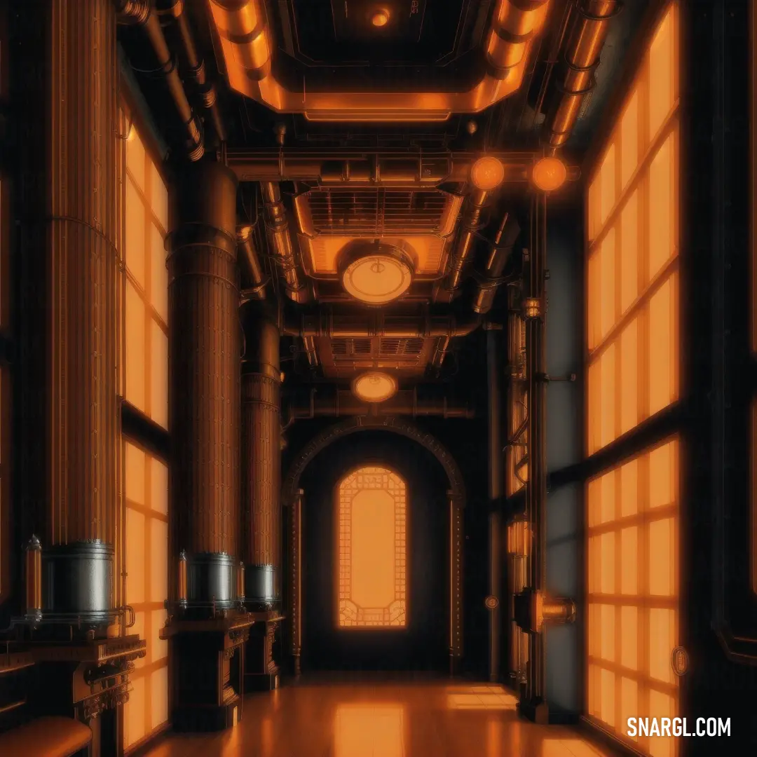 Long hallway with a light at the end of it and a clock on the wall above it and a lot of windows