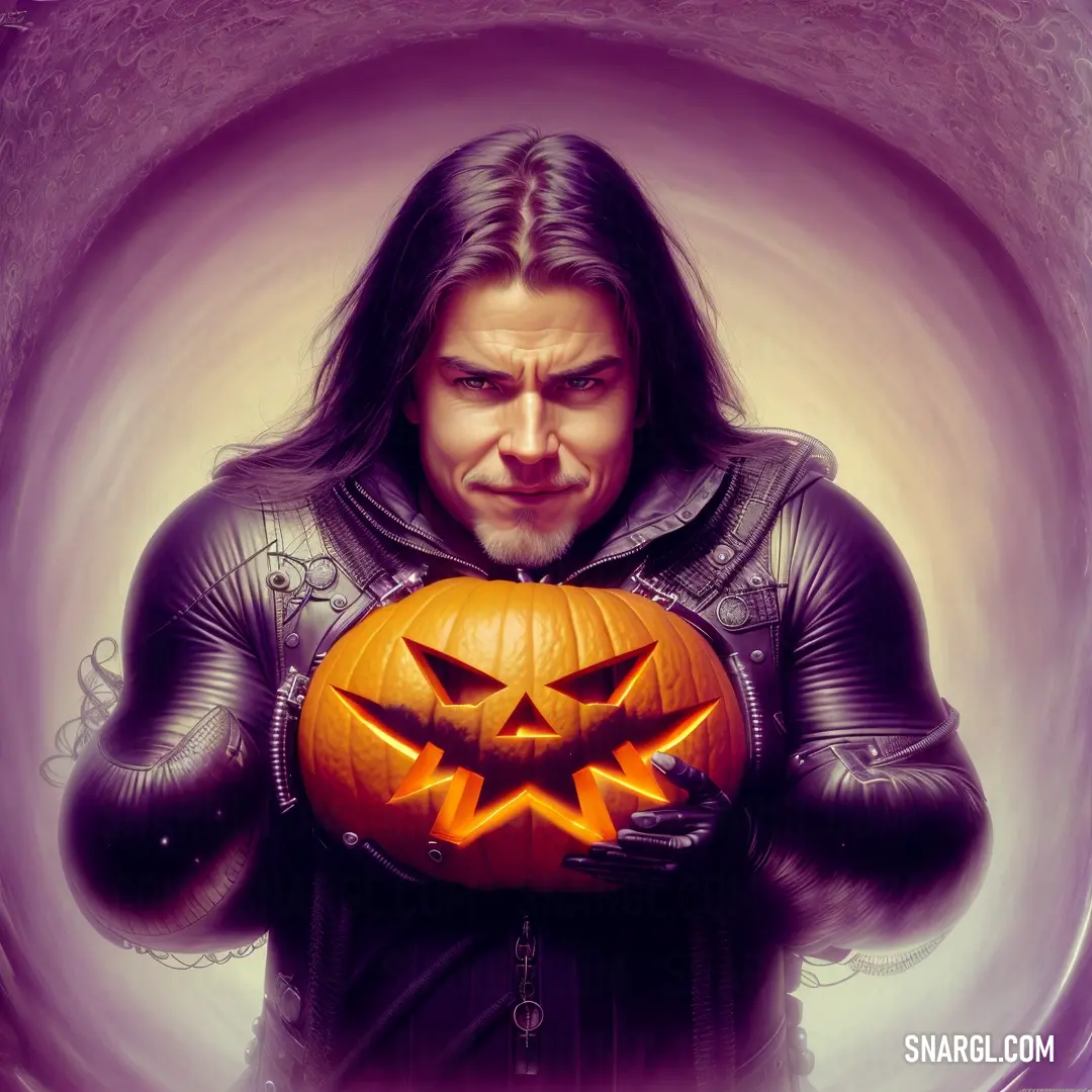 Man holding a pumpkin in his hands with a scary face on it's face and a purple background