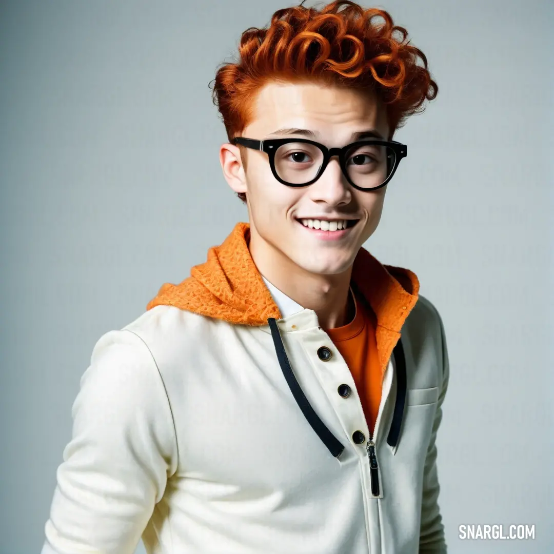 Pumpkin color example: Man with glasses and a hoodie smiling at the camera with a smile on his face and a red hair