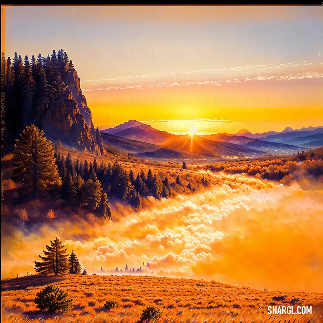 Painting of a sunset over a valley with trees and mountains in the background with clouds and fog in the foreground
