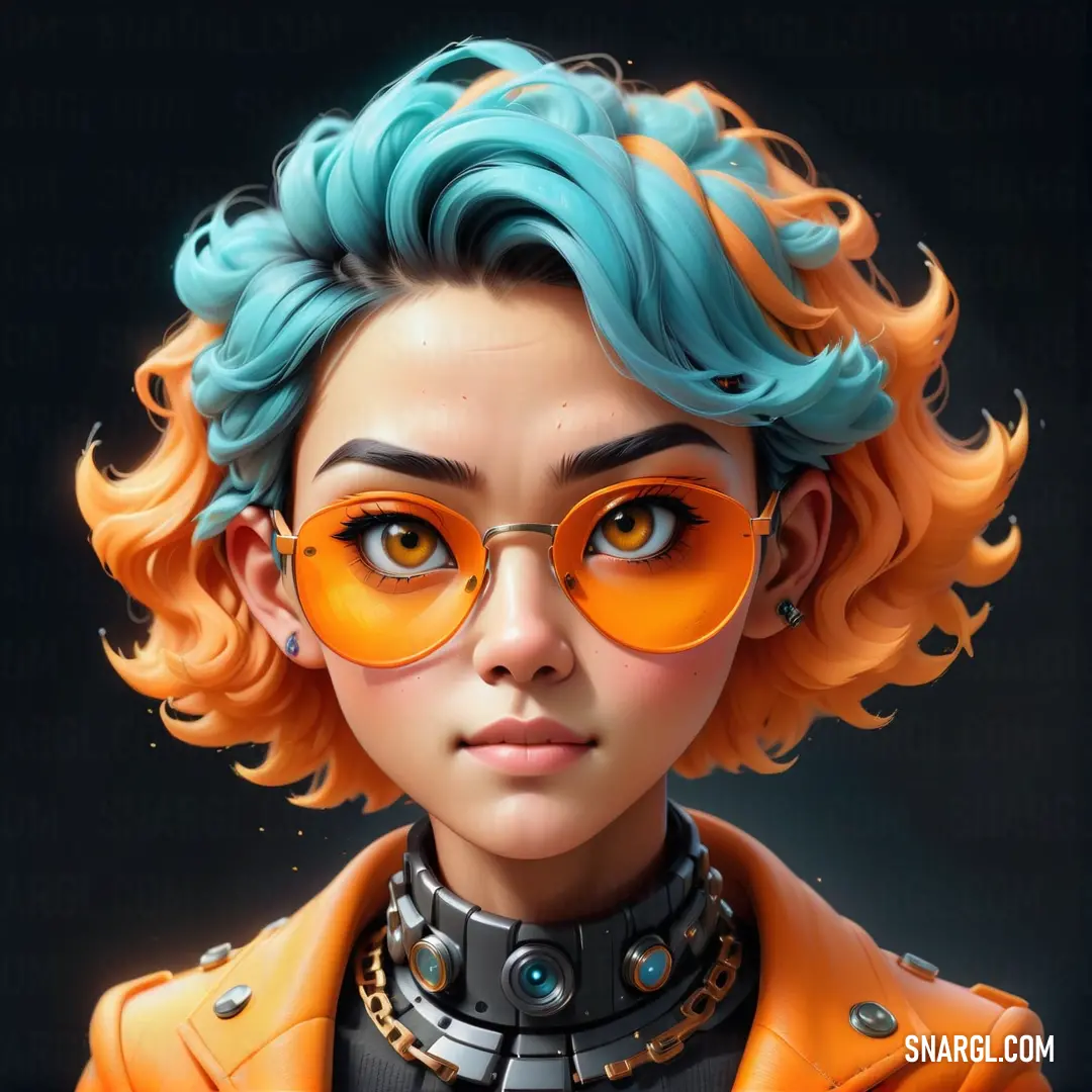 Pumpkin color example: Woman with blue hair and orange glasses on her face and a black background