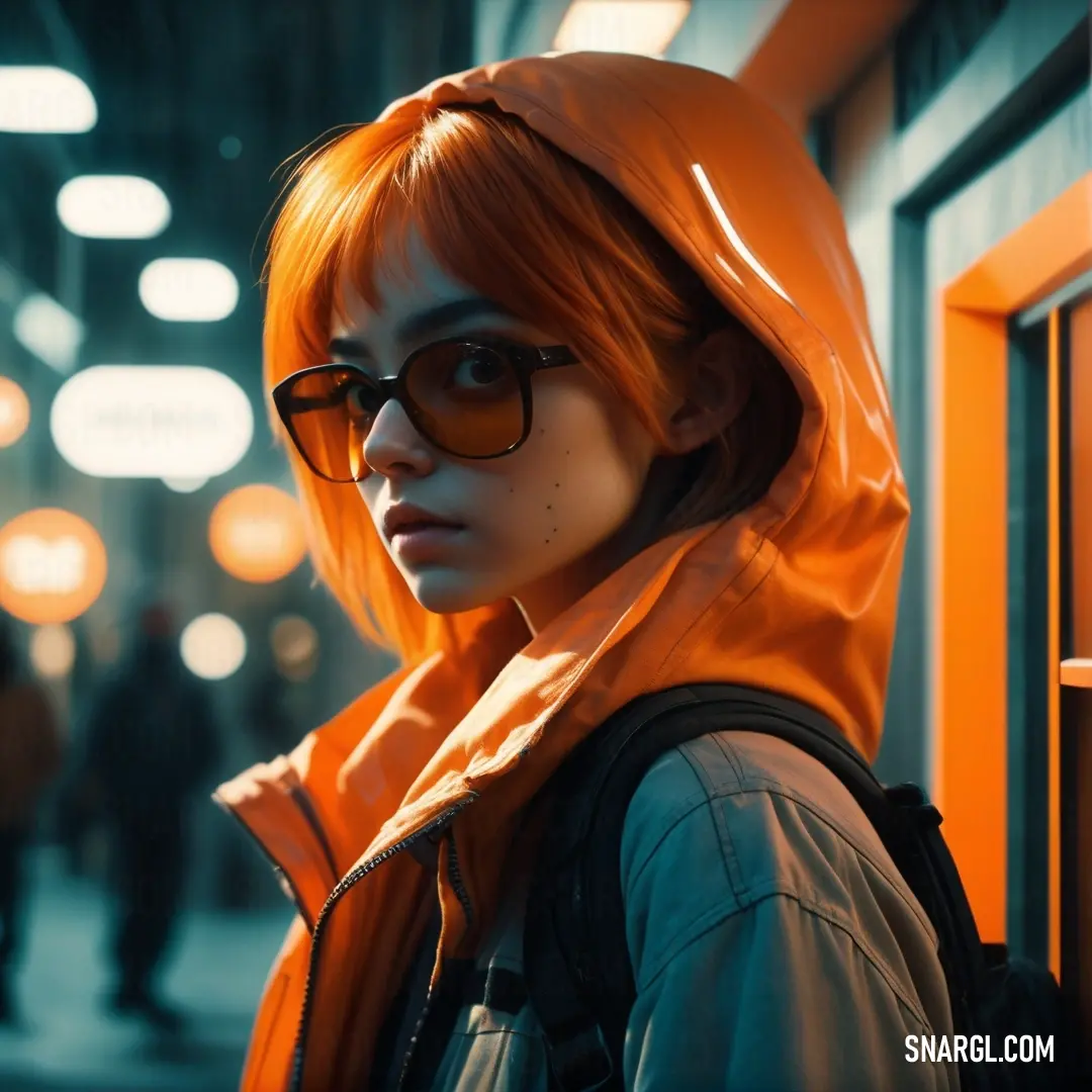 Woman with orange hair and glasses standing in a hallway with a yellow light on her head and a black backpack. Color RGB 255,117,24.
