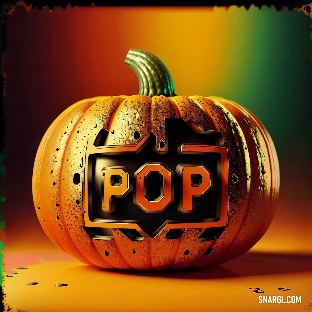 Pumpkin with a pop logo on it on a table with a green and yellow background and a black frame