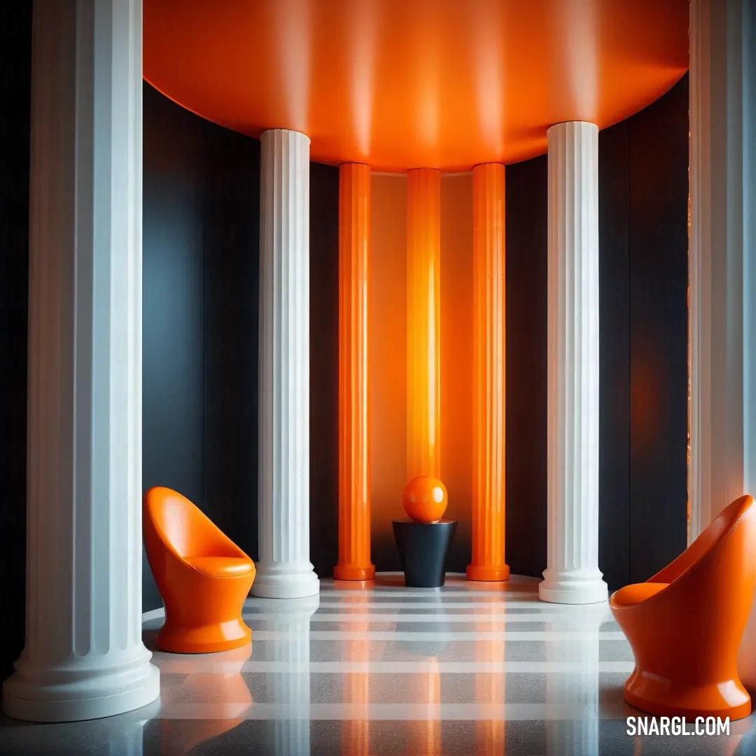Pumpkin color example: Room with columns and a chair in it with a candle in the center of the room and a table with a vase on it