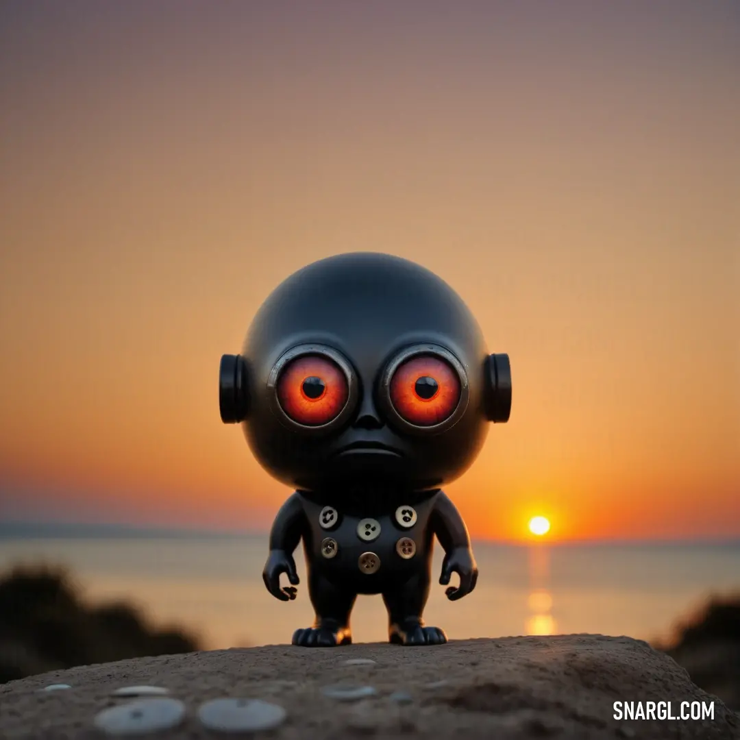 Toy robot standing on a rock with the sun setting in the background and a body of water in the foreground