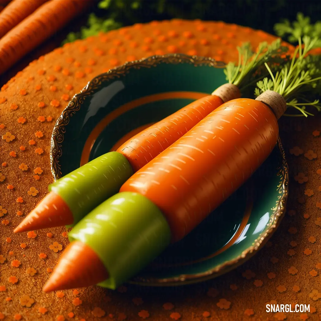 Two carrots are on a plate on a table with carrots in the background