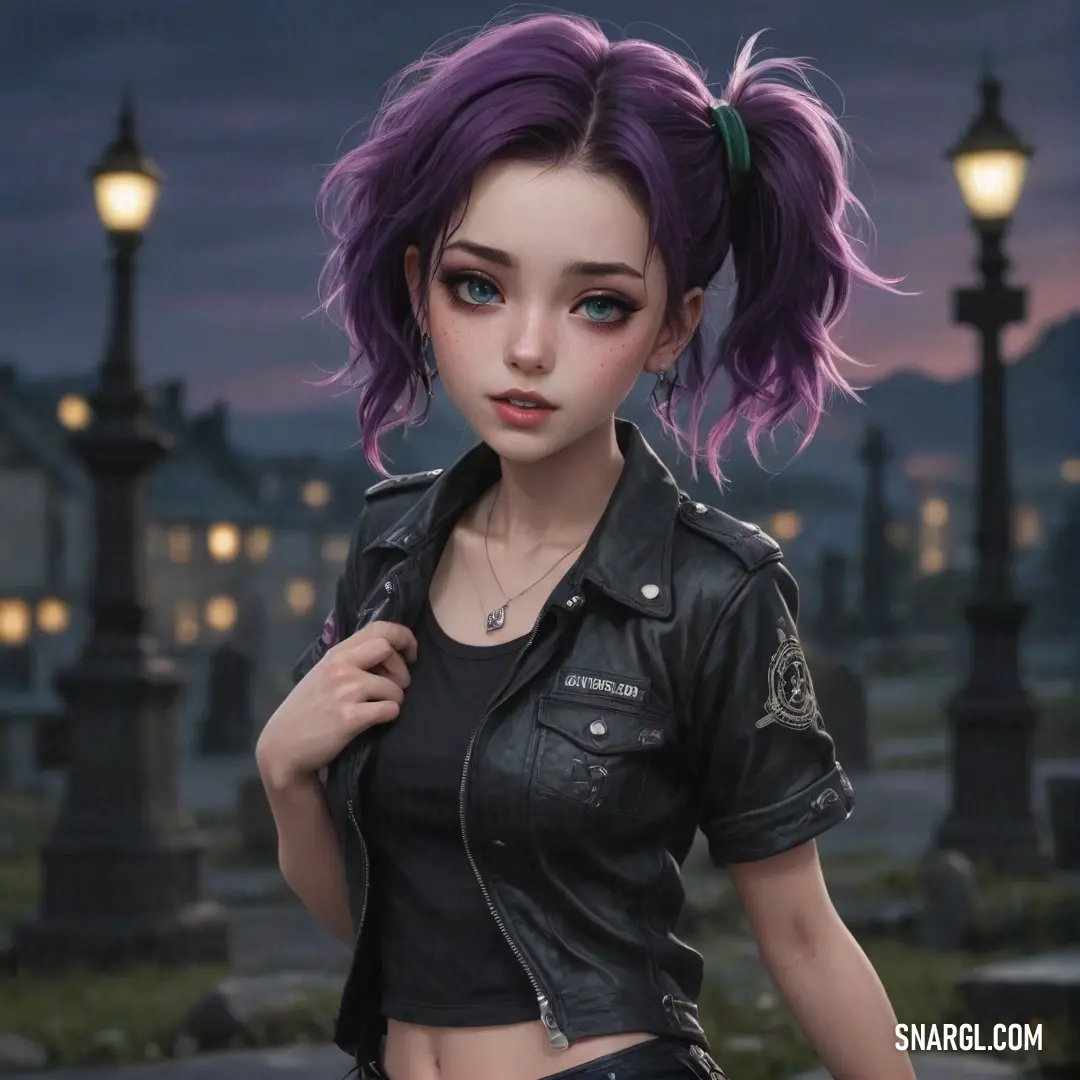 Girl with purple hair and a black shirt is standing in a cemetery at night with a street light in the background