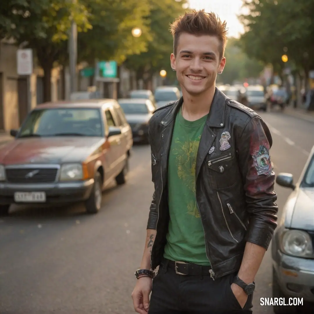 Man standing in front of a row of parked cars on a street next to a sidewalk