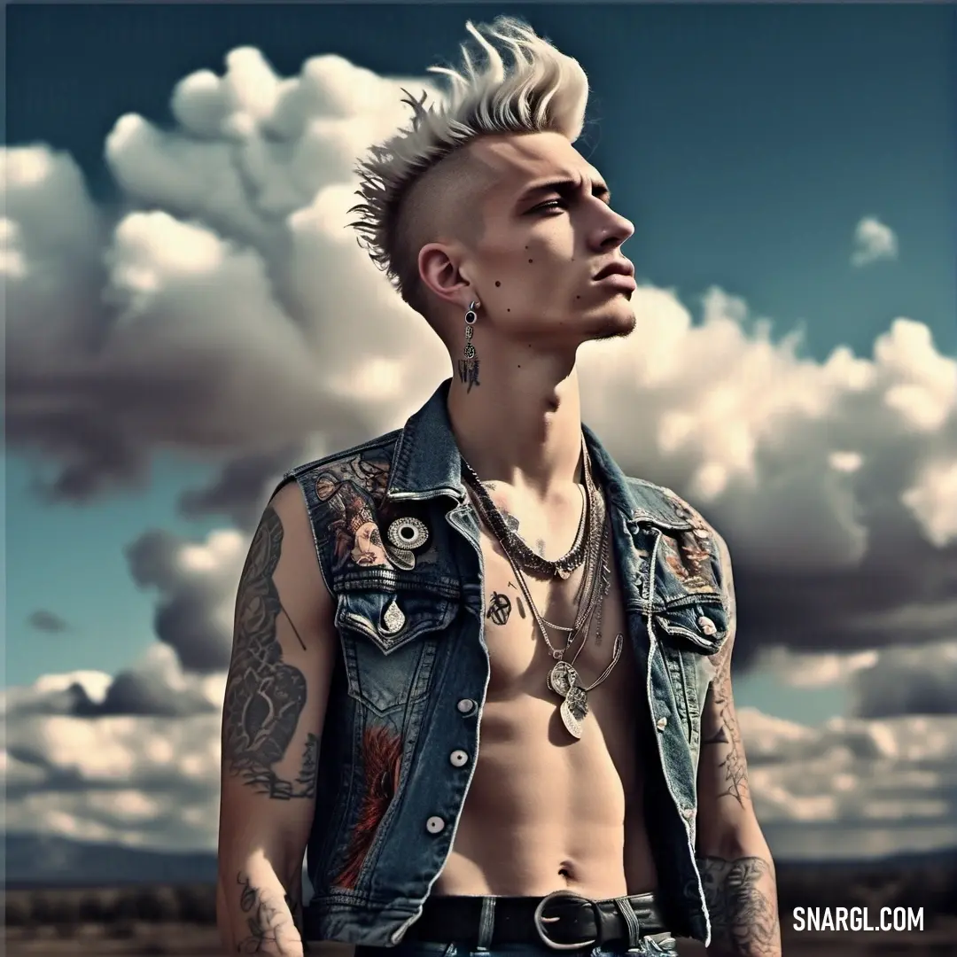 Man with a mohawk and piercings standing in a field with clouds in the background