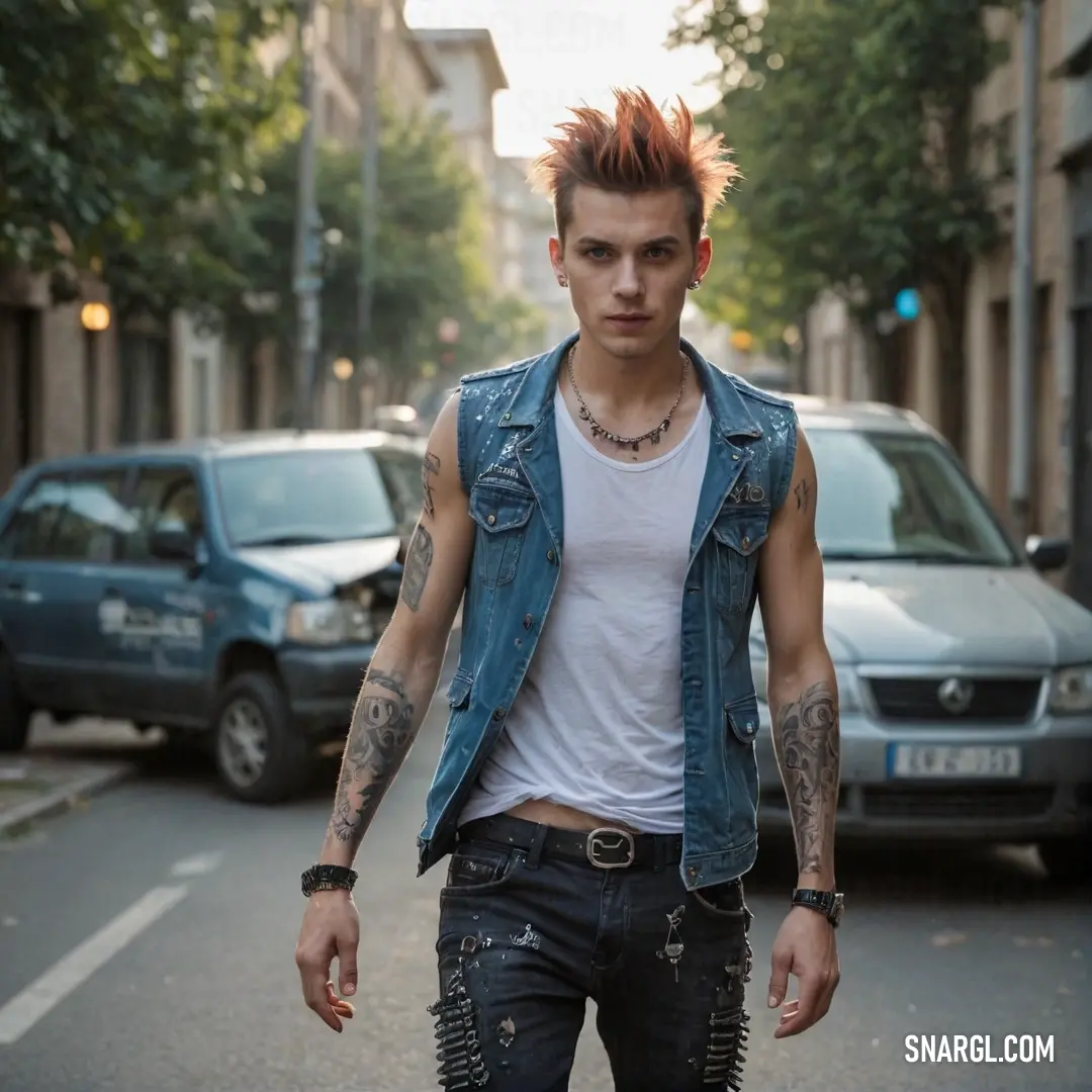 Man with a mohawk and piercings walking down a street in a city with cars parked on the side of the road