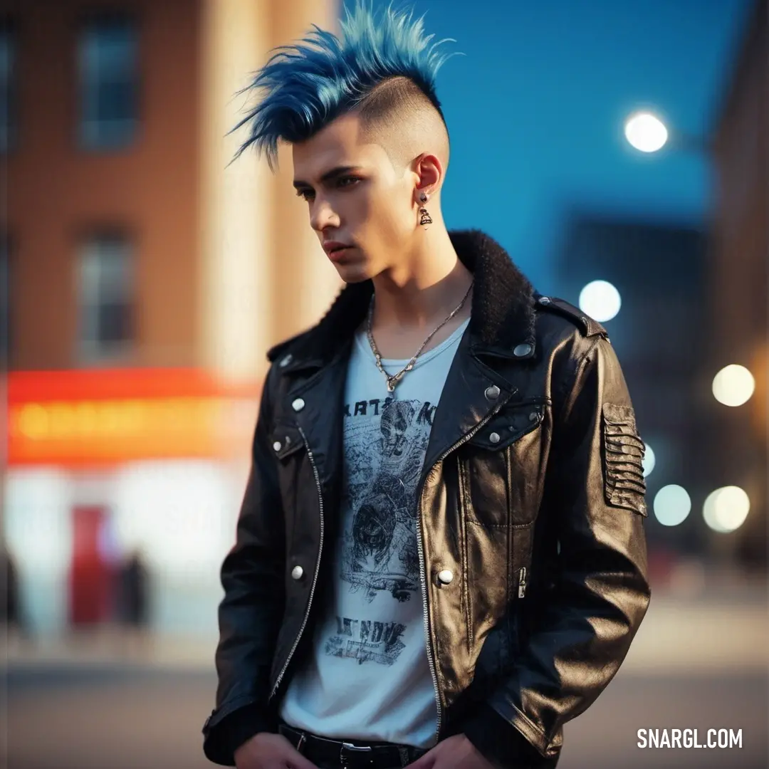 Man with a mohawk and a leather jacket on standing in the street at night with his hands in his pockets