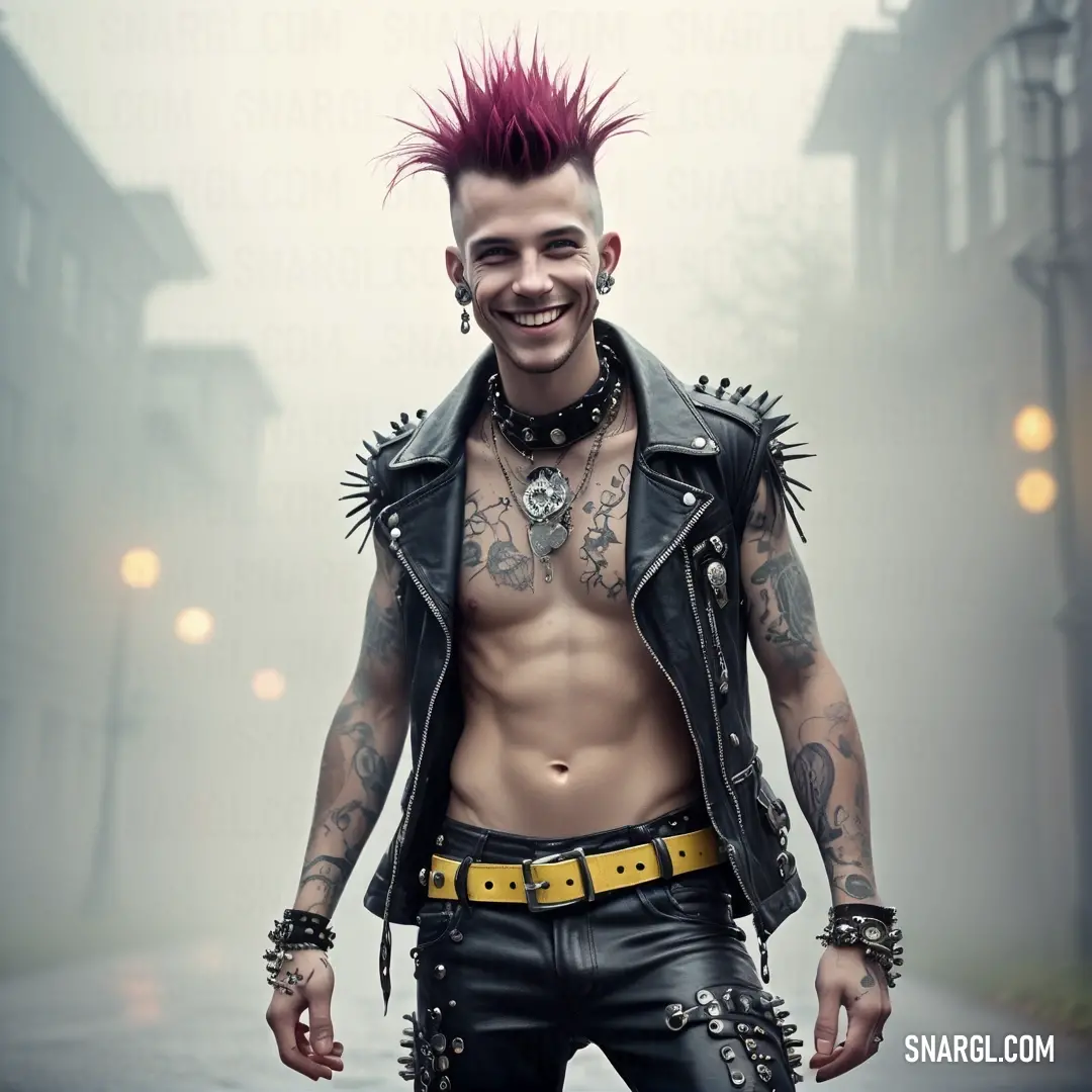 Man with a mohawk and spiked hair smiles at the camera while wearing leather pants