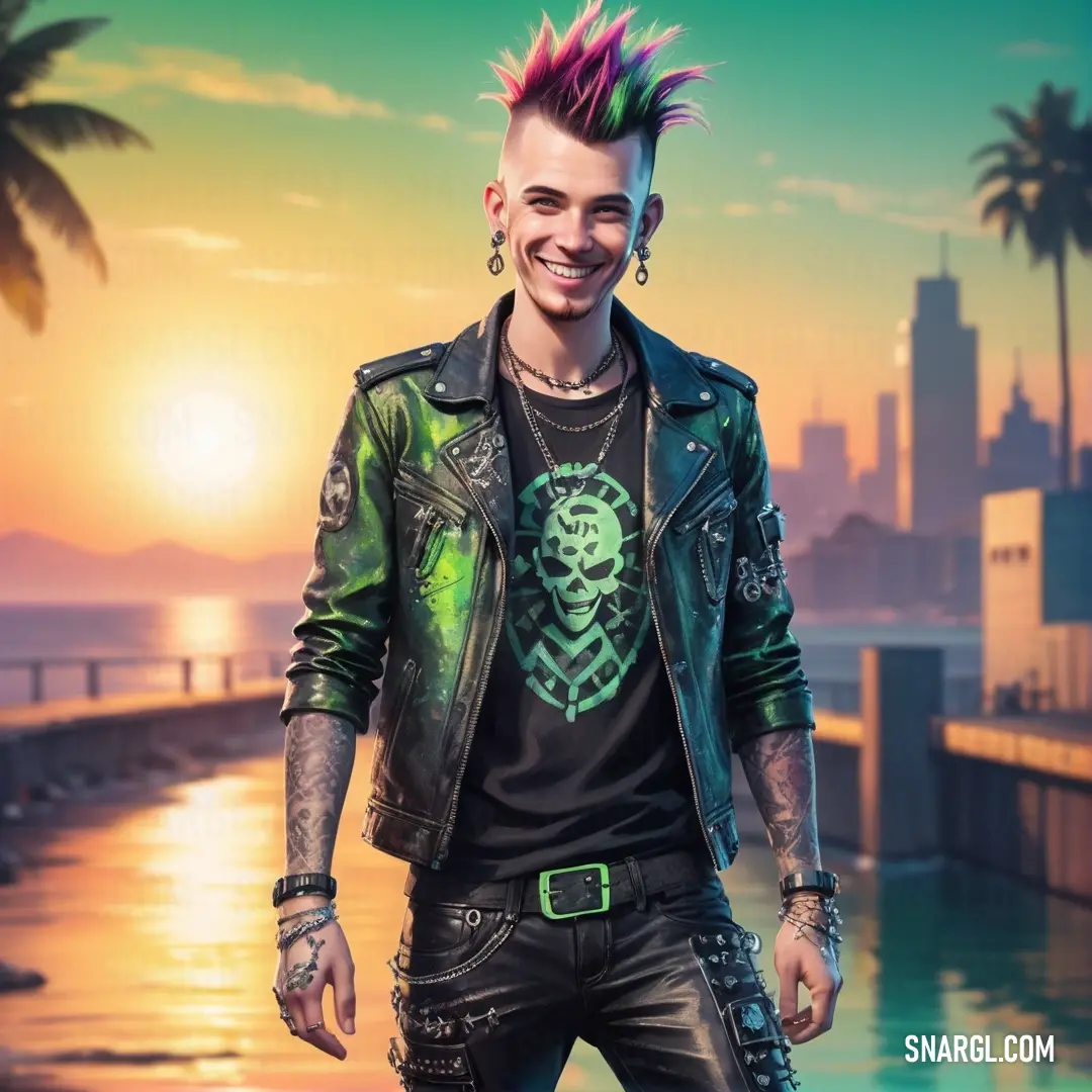 Man with a mohawk and a leather jacket on standing in front of a sunset and a cityscape