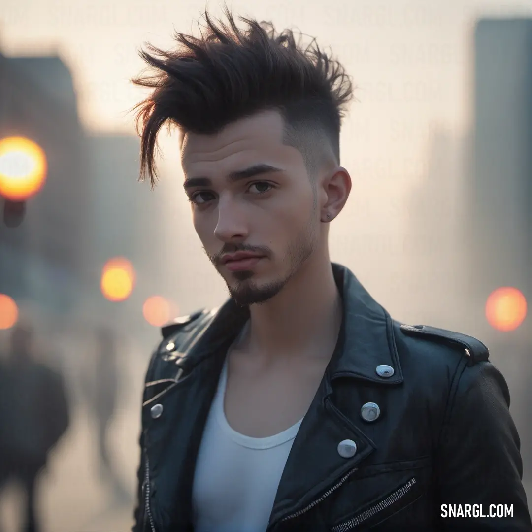 Man with a mohawk standing in the street at sunset with a city in the background