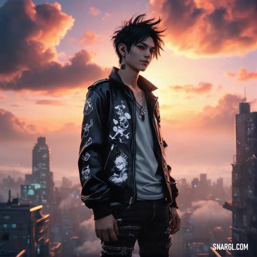 Man with a mohawk standing in front of a city skyline at sunset with a skull and crossbone jacket on