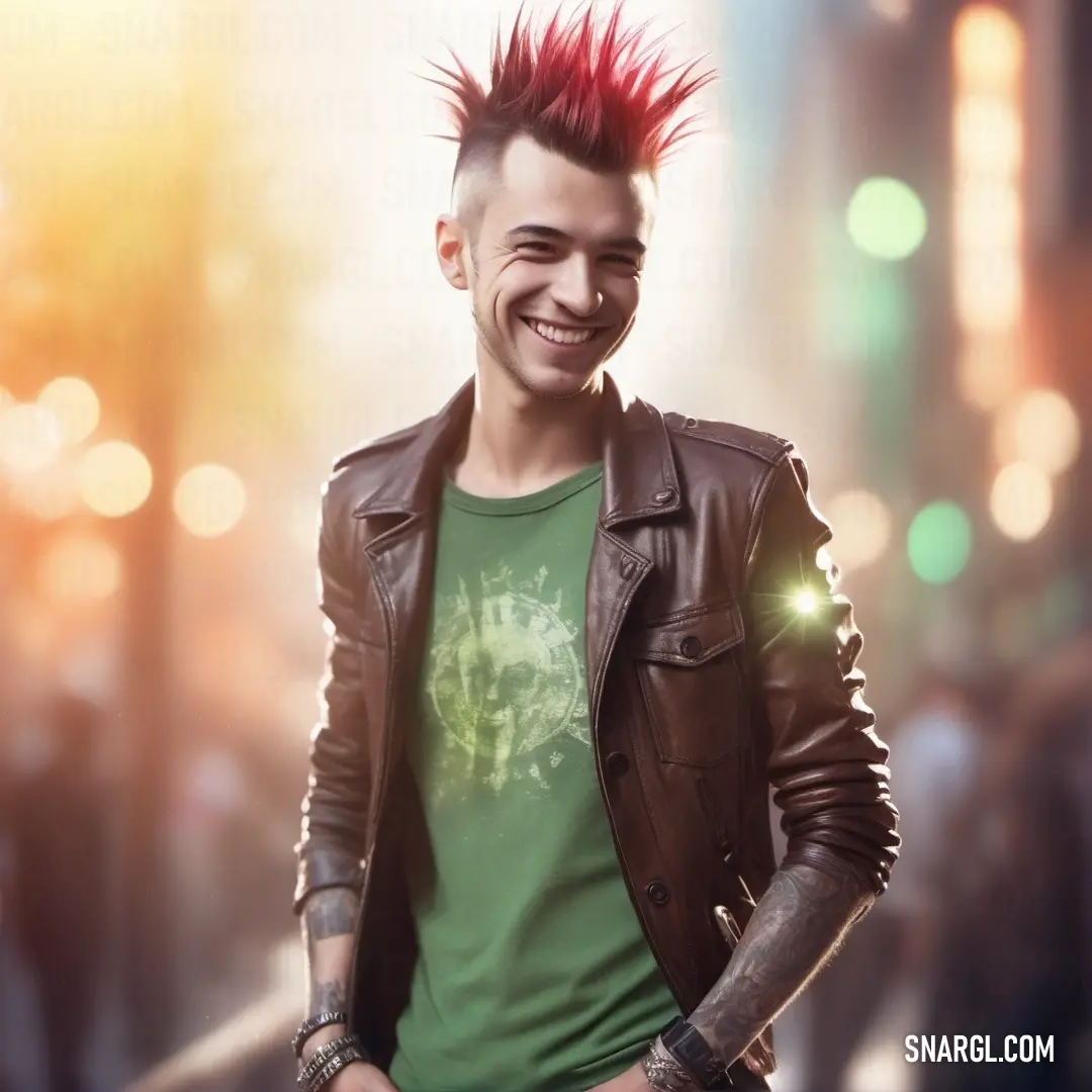 Man with a mohawk and a green shirt smiling at the camera with his hands in his pockets