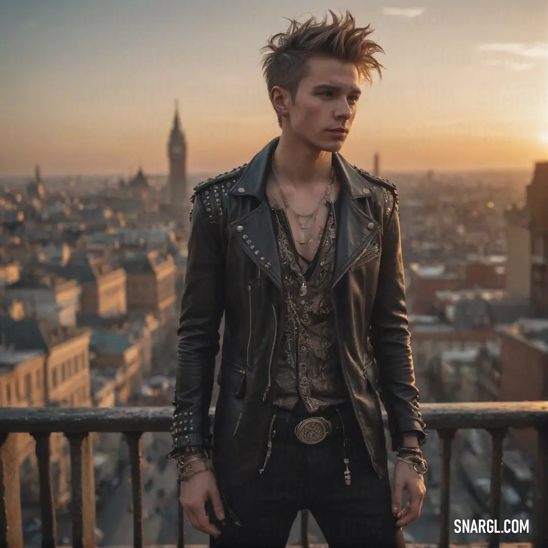 Man with a punk haircut standing on a balcony overlooking a city at sunset with a clock tower in the background