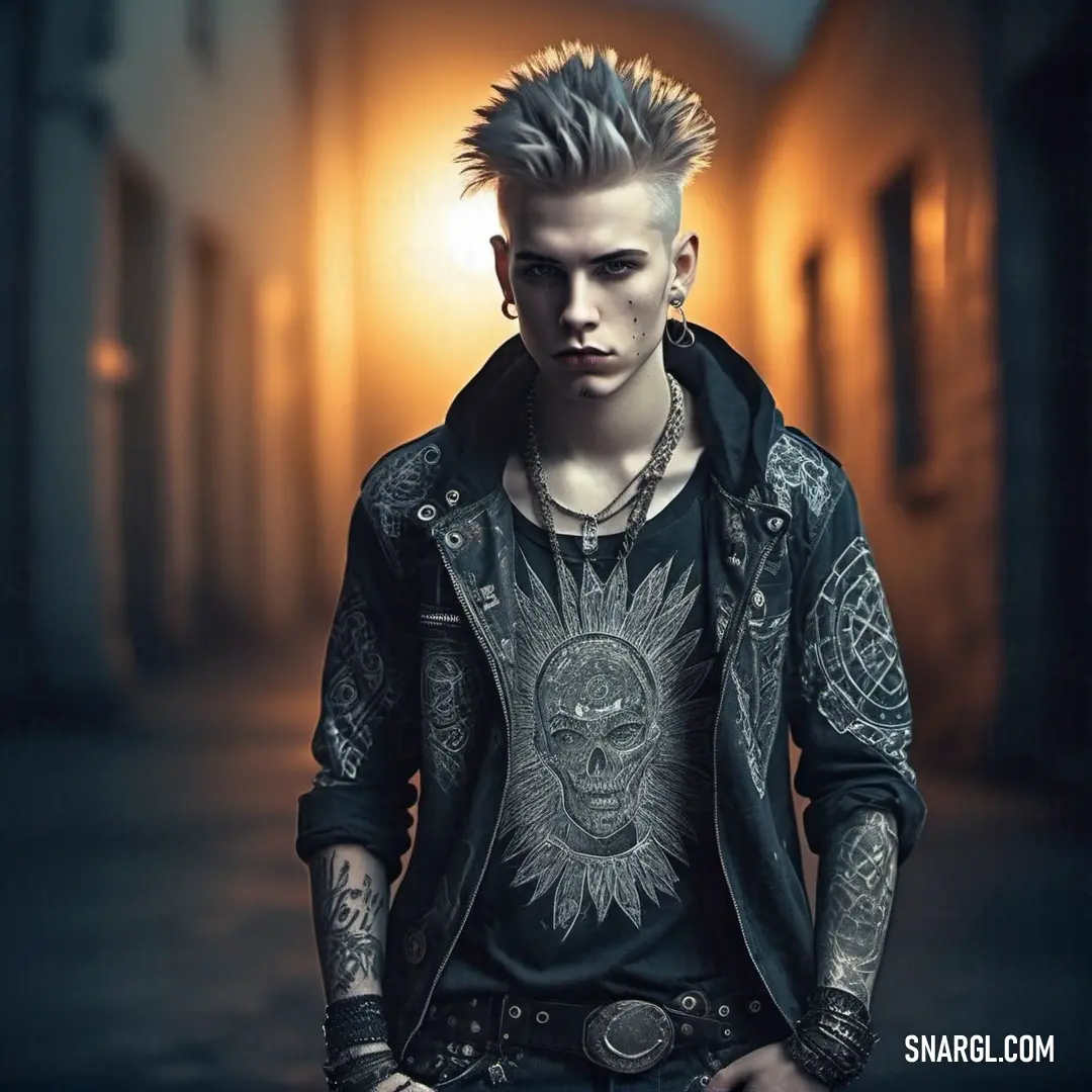 Man with a punk haircut and tattoos standing in a dark alleyway with a sun on his shirt